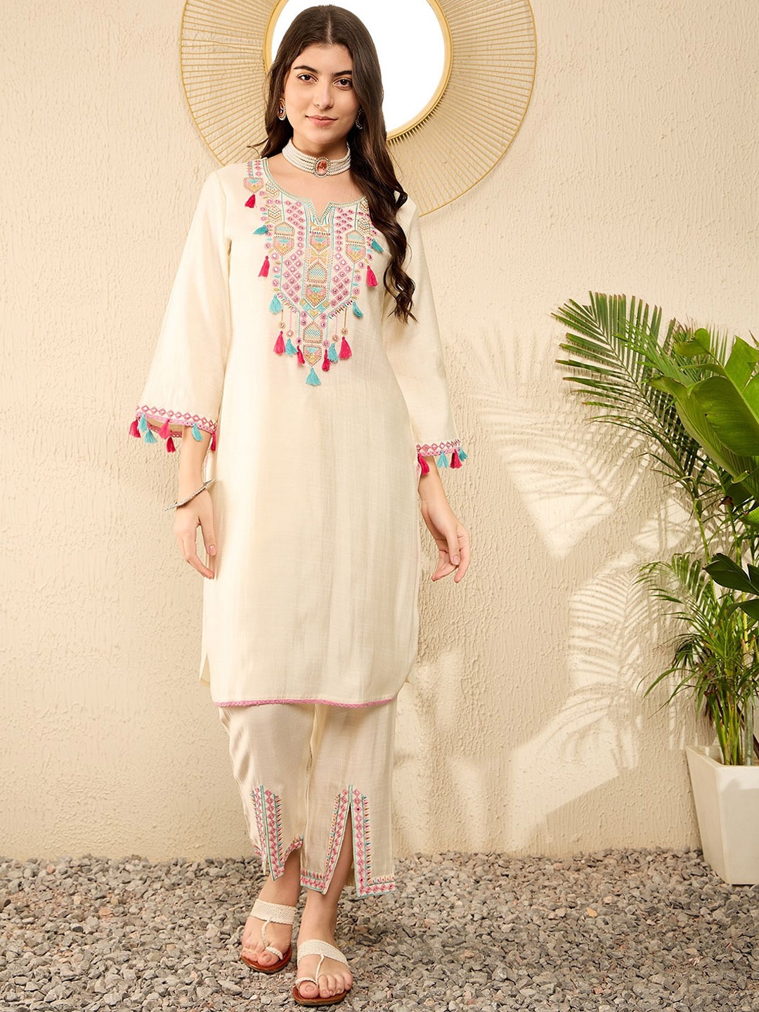 

AHIKA Ethnic Motifs Yoke Design Regular Mirror Work Straight Kurta with Trousers, Off white