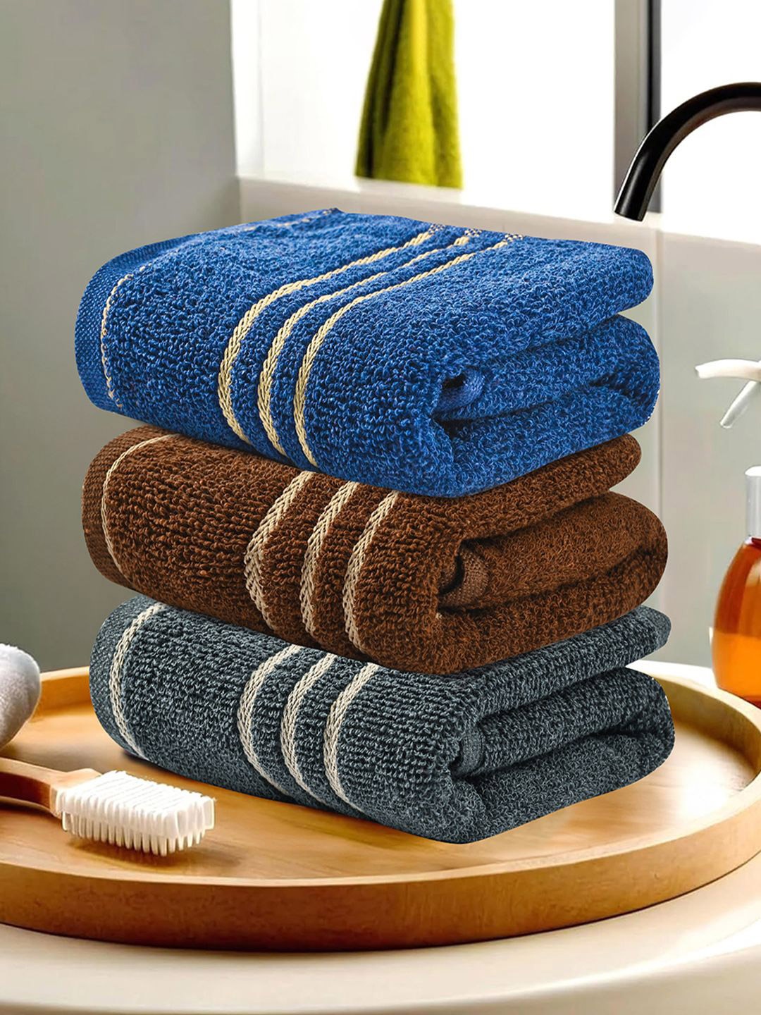 

Kuber Industries Grey & Brown 3 Pieces Striped Cotton 450 GSM Face Towel