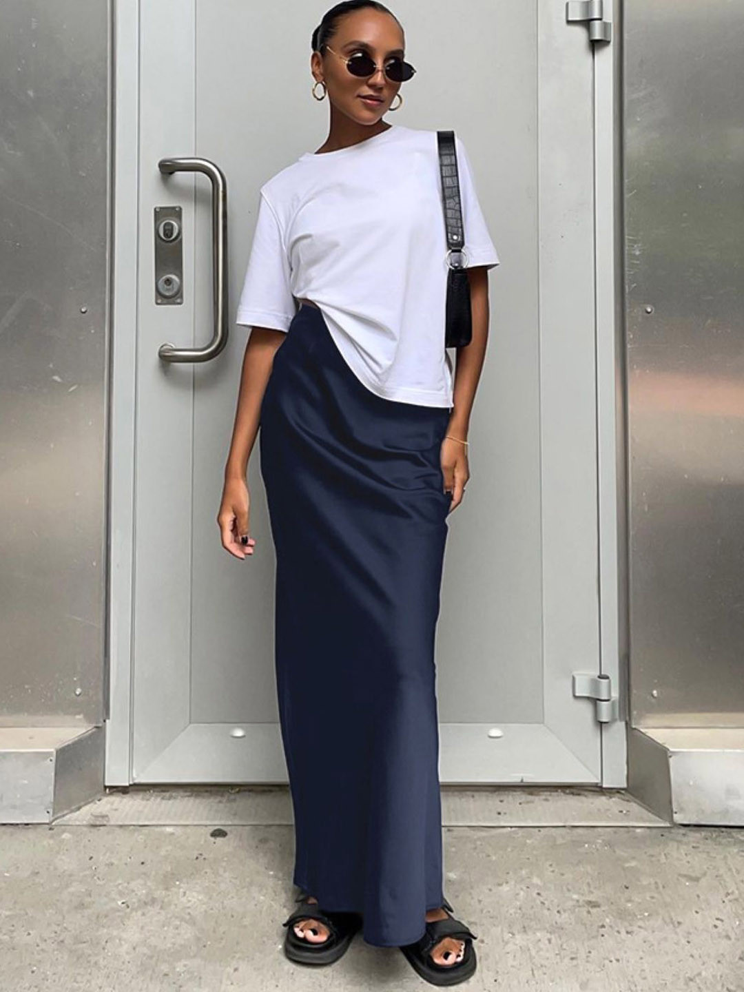 

KPOP Women Straight Maxi Slip-On Skirt, Navy blue
