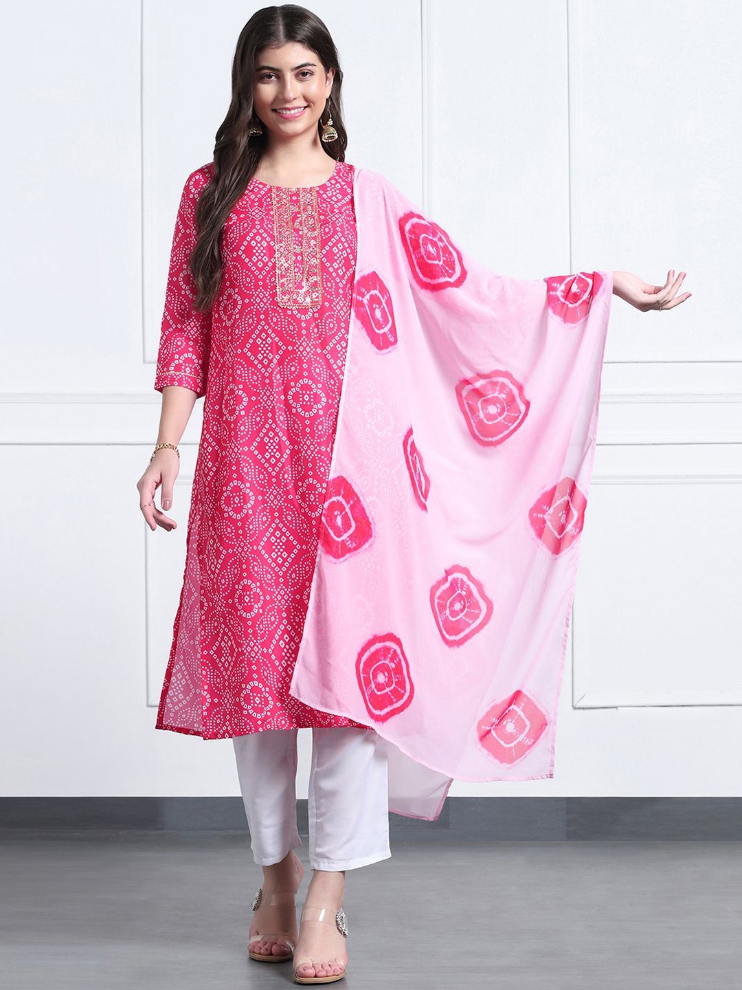 

BAESD Bandhani Embroidered Regular Straight Kurta with Salwar & Dupatta, Pink