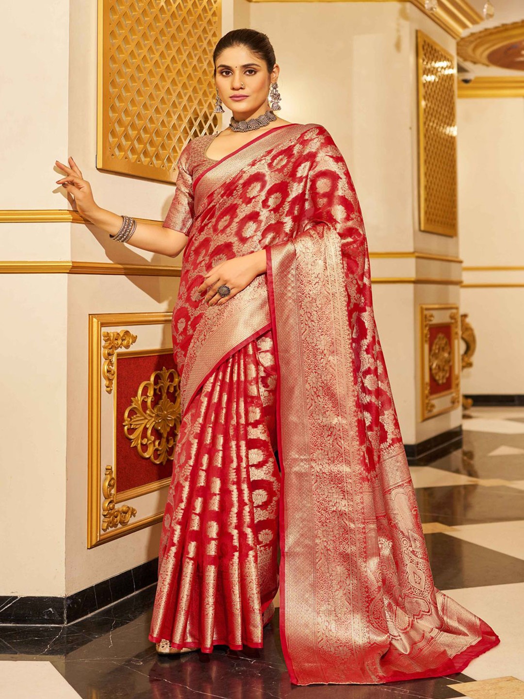 

Krimmple Woven Design Zari Organza Saree, Red