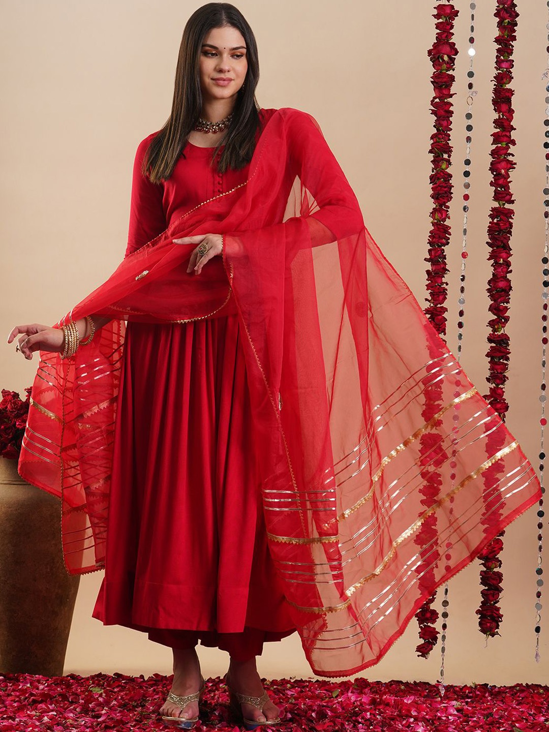 

GoSriKi Solid Round Neck Anarkali Kurta With Trousers & Dupatta, Red
