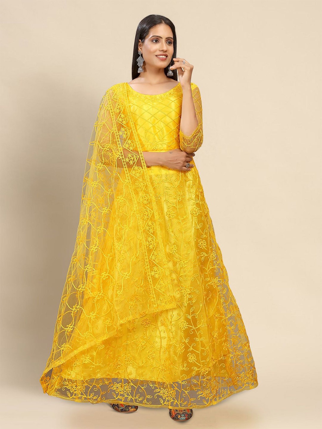 

LADY SHOPI Ethnic Motifs Embroidered Fit & Flare Maxi Dress, Yellow
