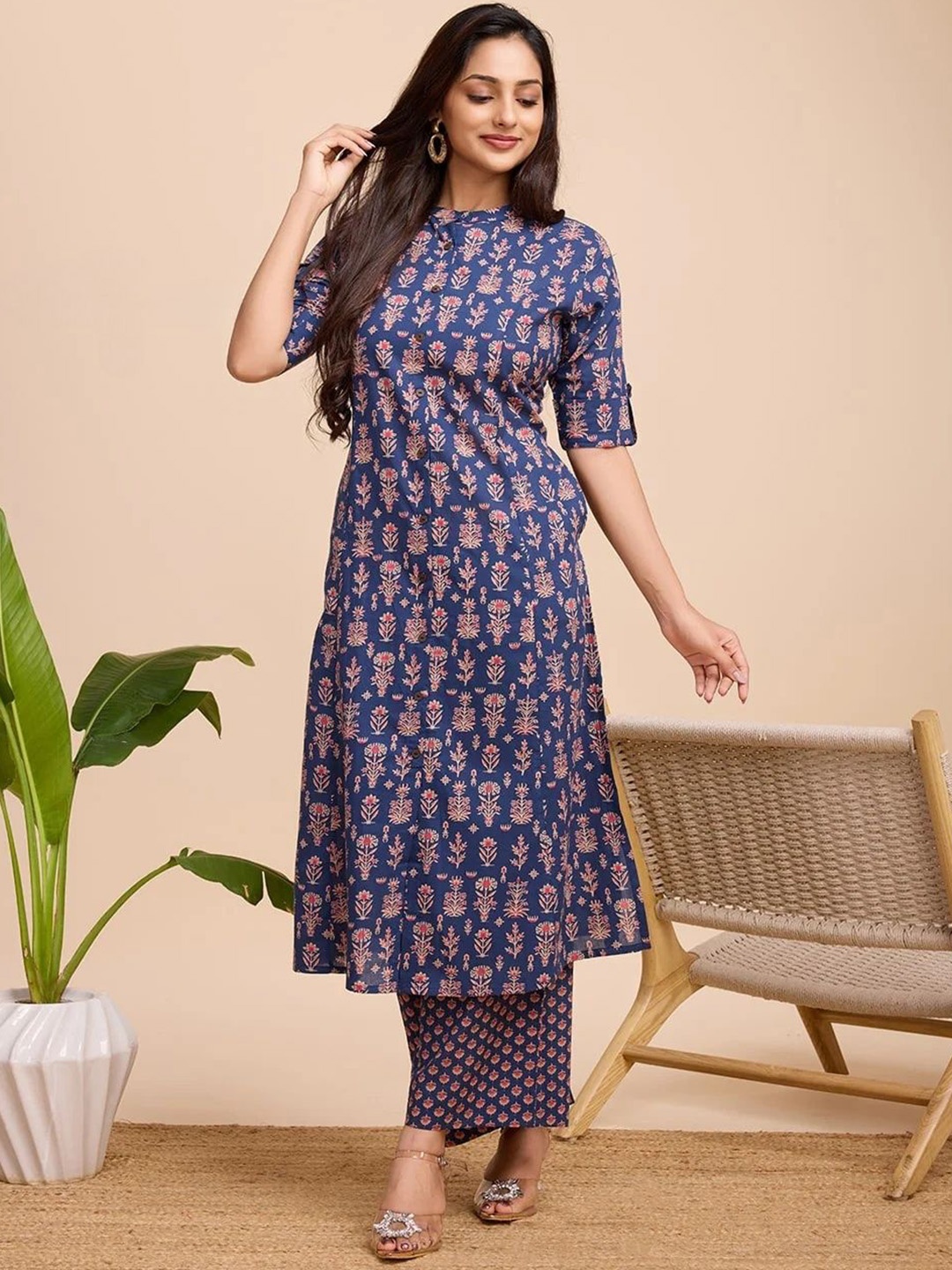 

KALINI Floral Printed Regular Pure Cotton A-Line Kurta with Palazzos, Navy blue