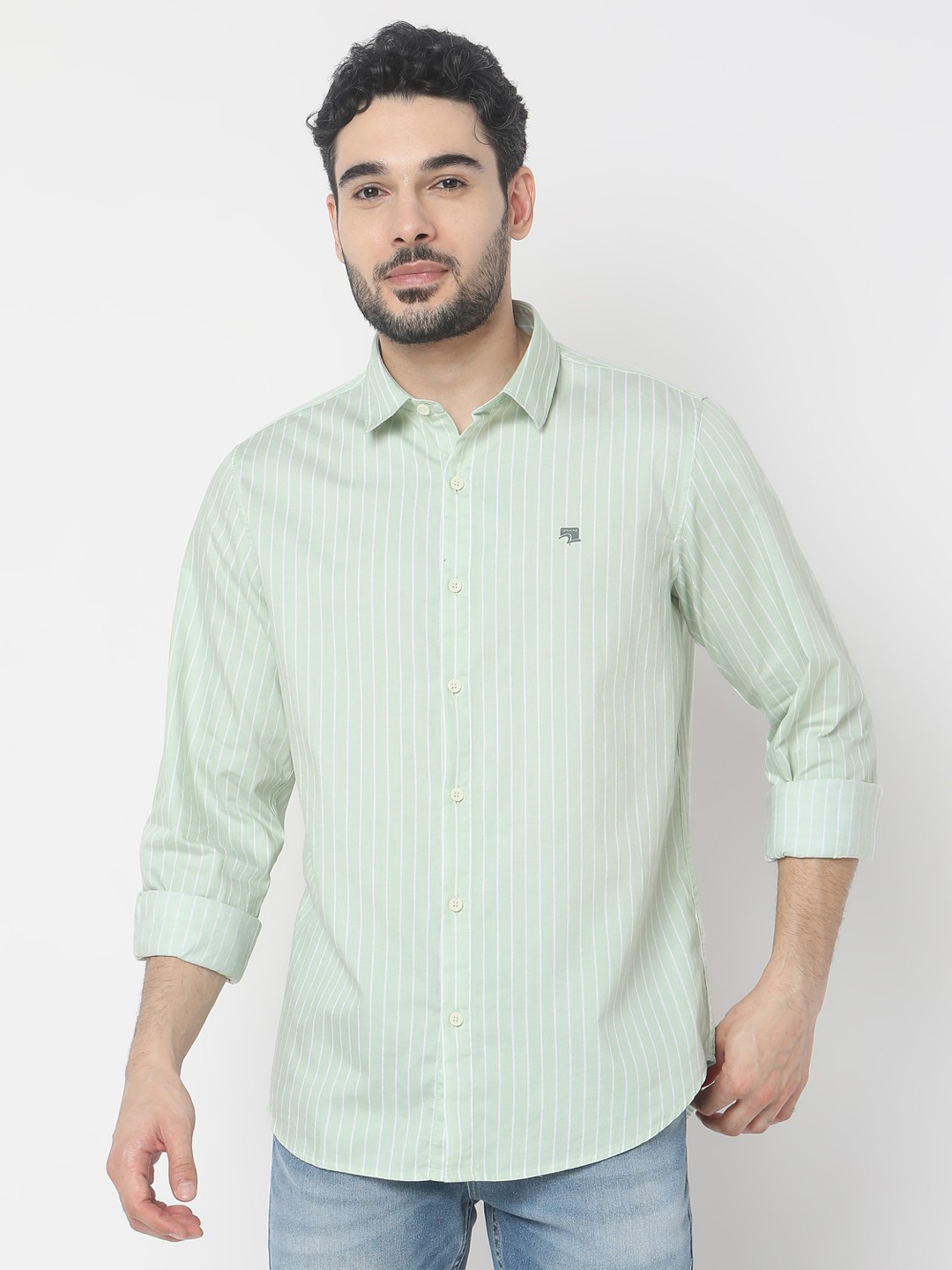 

SPYKAR Slim Fit Opaque Striped Casual Shirt, Green