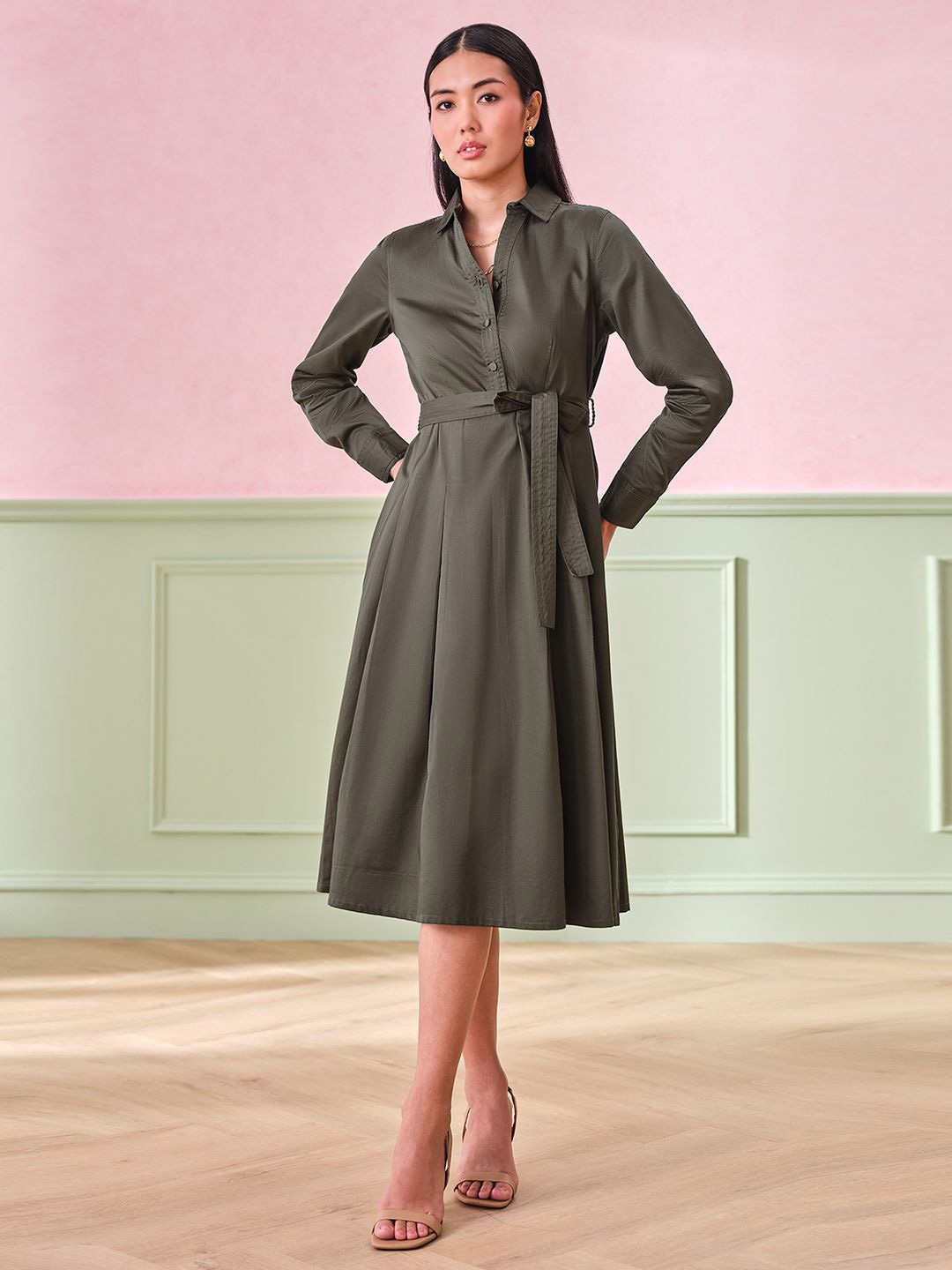 

AND Solid Pure Cotton Knee-Length Shirt Dress, Olive