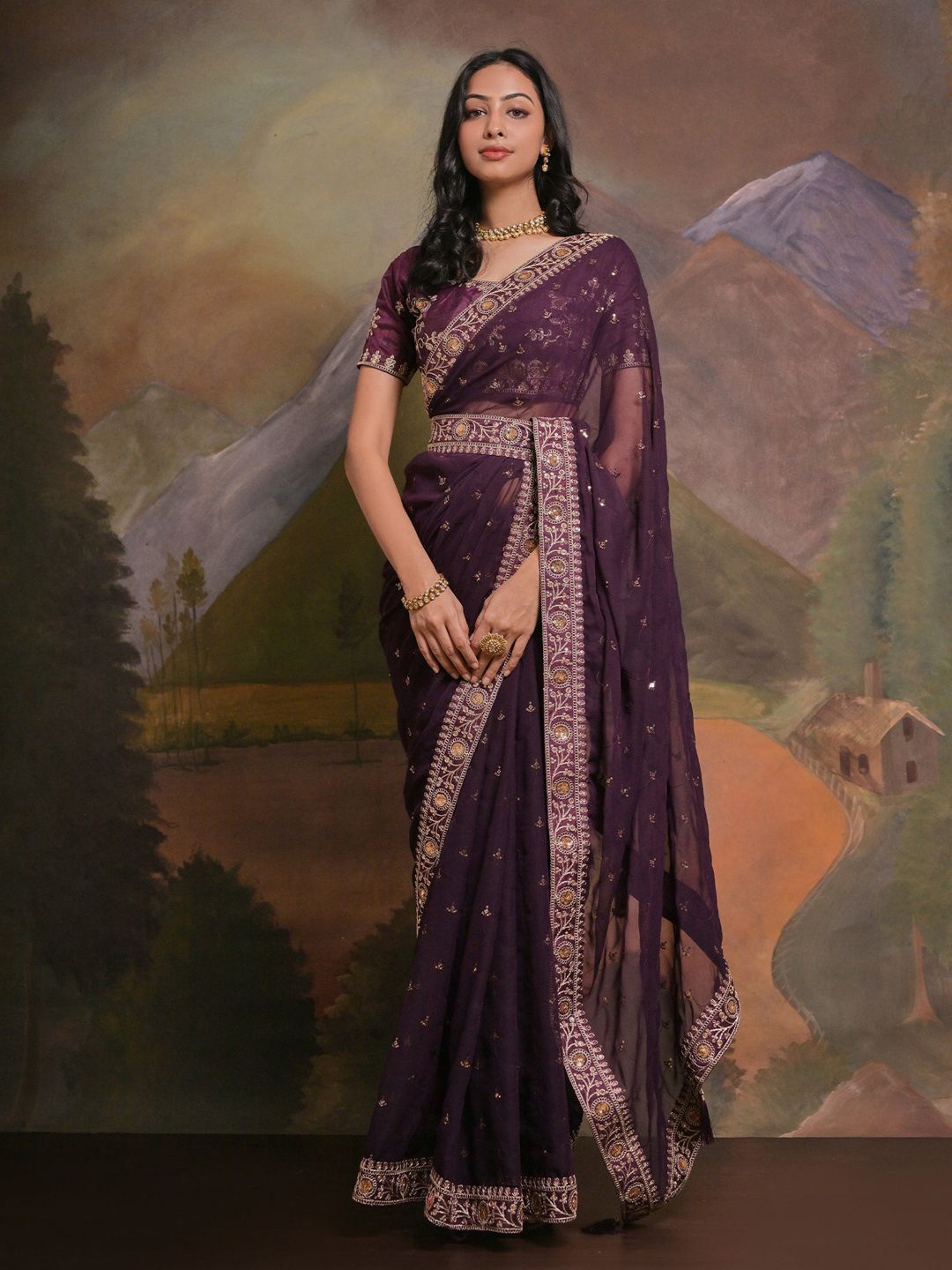 

Sangria Georgette Embellished Saree With Matching Blouse, Purple