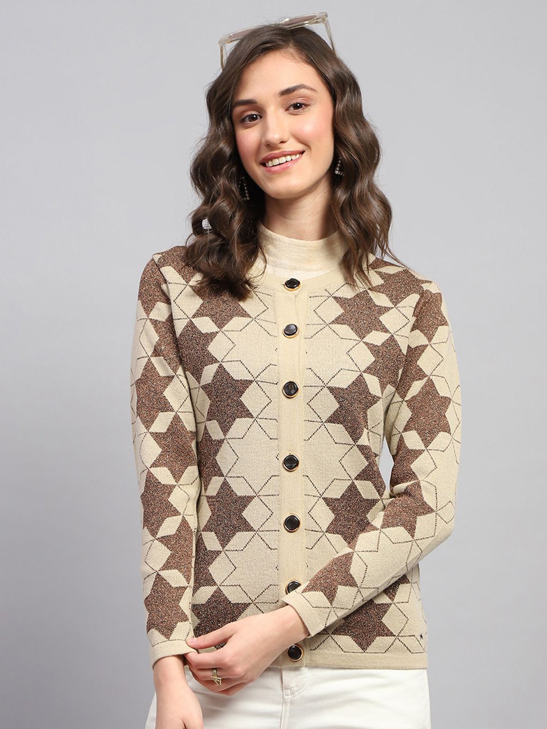 

Monte Carlo Women Geometric Woollen Cardigan, Olive