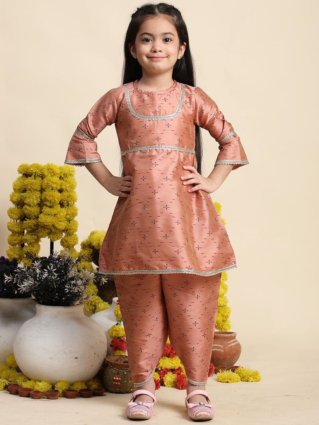 

Cutiekins Girls A-Line Gotta Patti Silk Kurta with Dhoti Pants, Copper