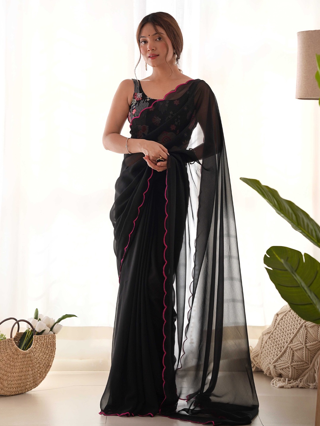 

Mitera Solid Saree With Embroidered Unstitched Blouse Piece, Black