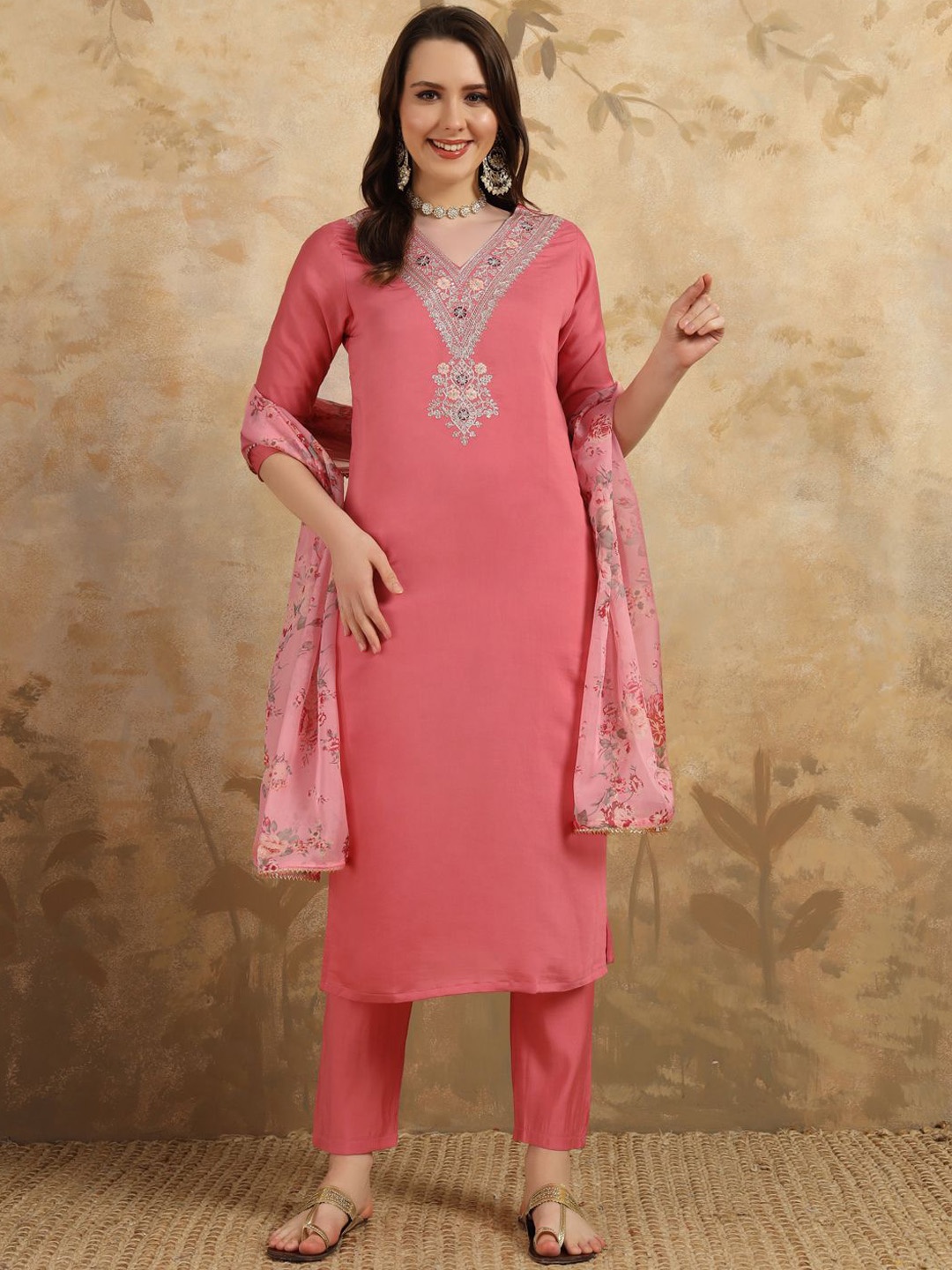 

KALINI Floral Embroidered Thread Work Chanderi Silk Straight Kurta With Trousers & Dupatta, Peach