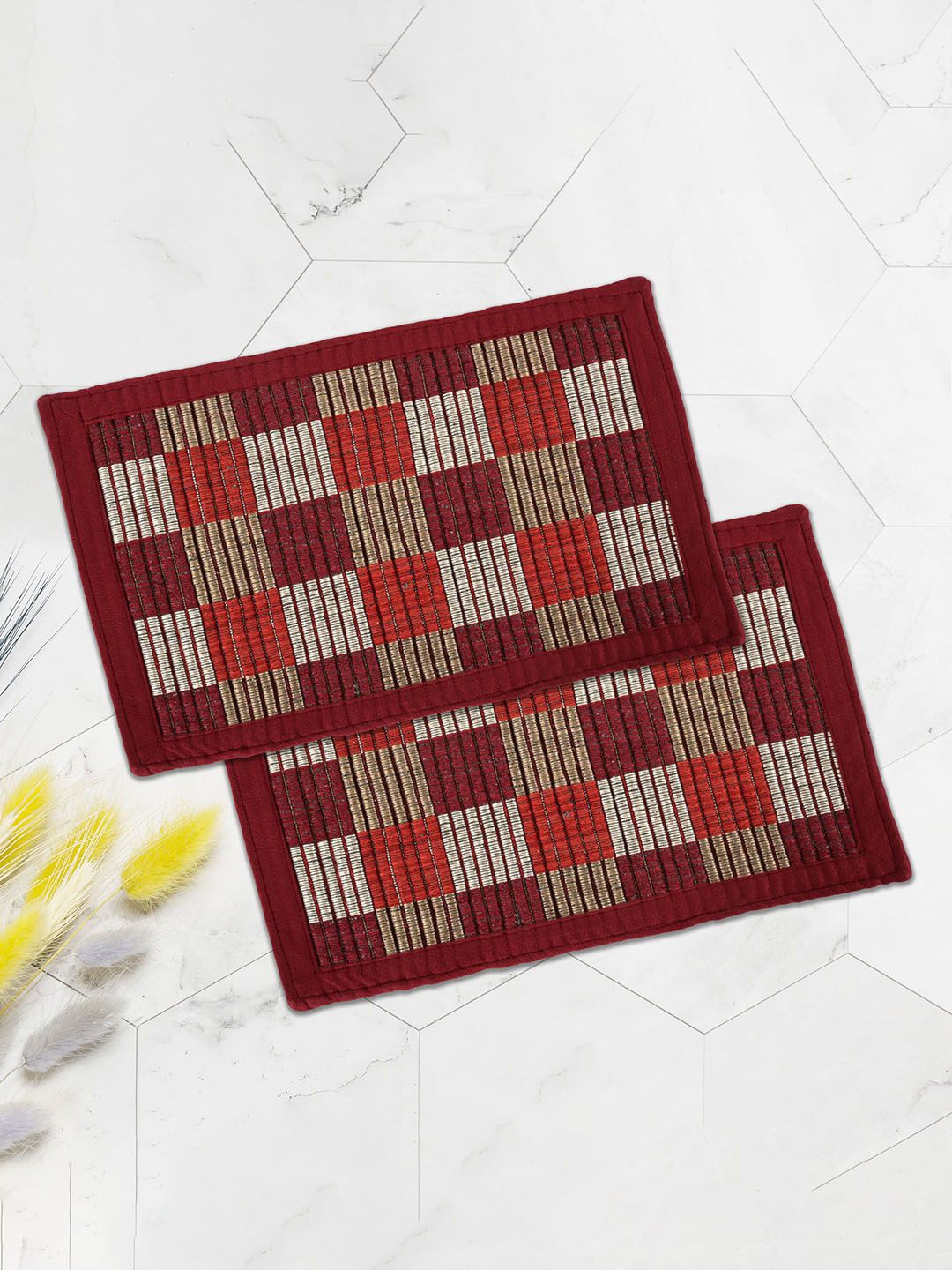 

Kuber Industries Maroon & Grey 2 Pieces Checked Anti Skid Door Mats