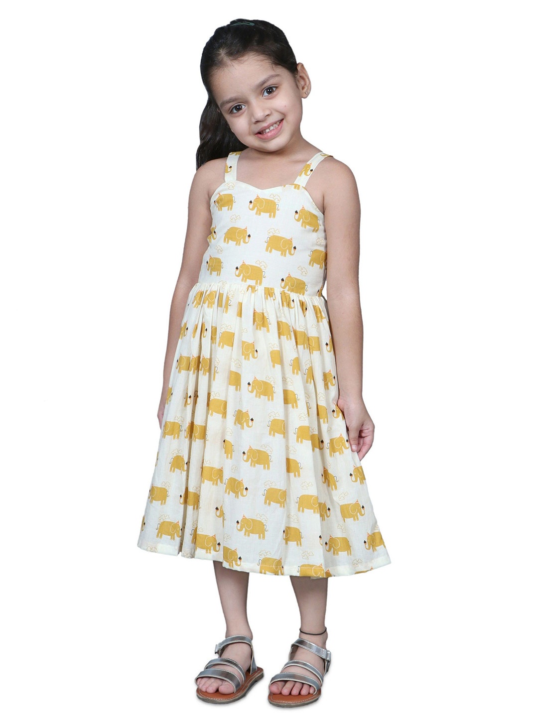 

EthIndia Girls Cotton Printed Shoulder Straps Fit & Flare Dress, Beige