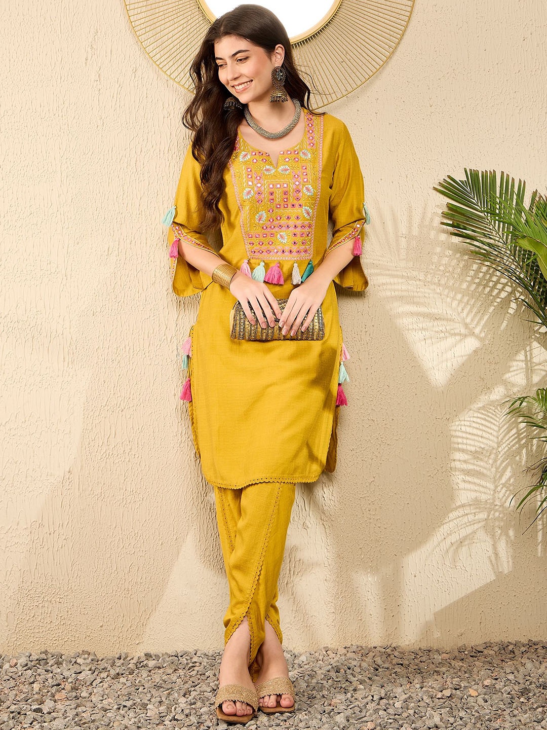 

AHIKA Floral Yoke Design Regular Mirror Work Straight Kurta with Dhoti Pants, Mustard