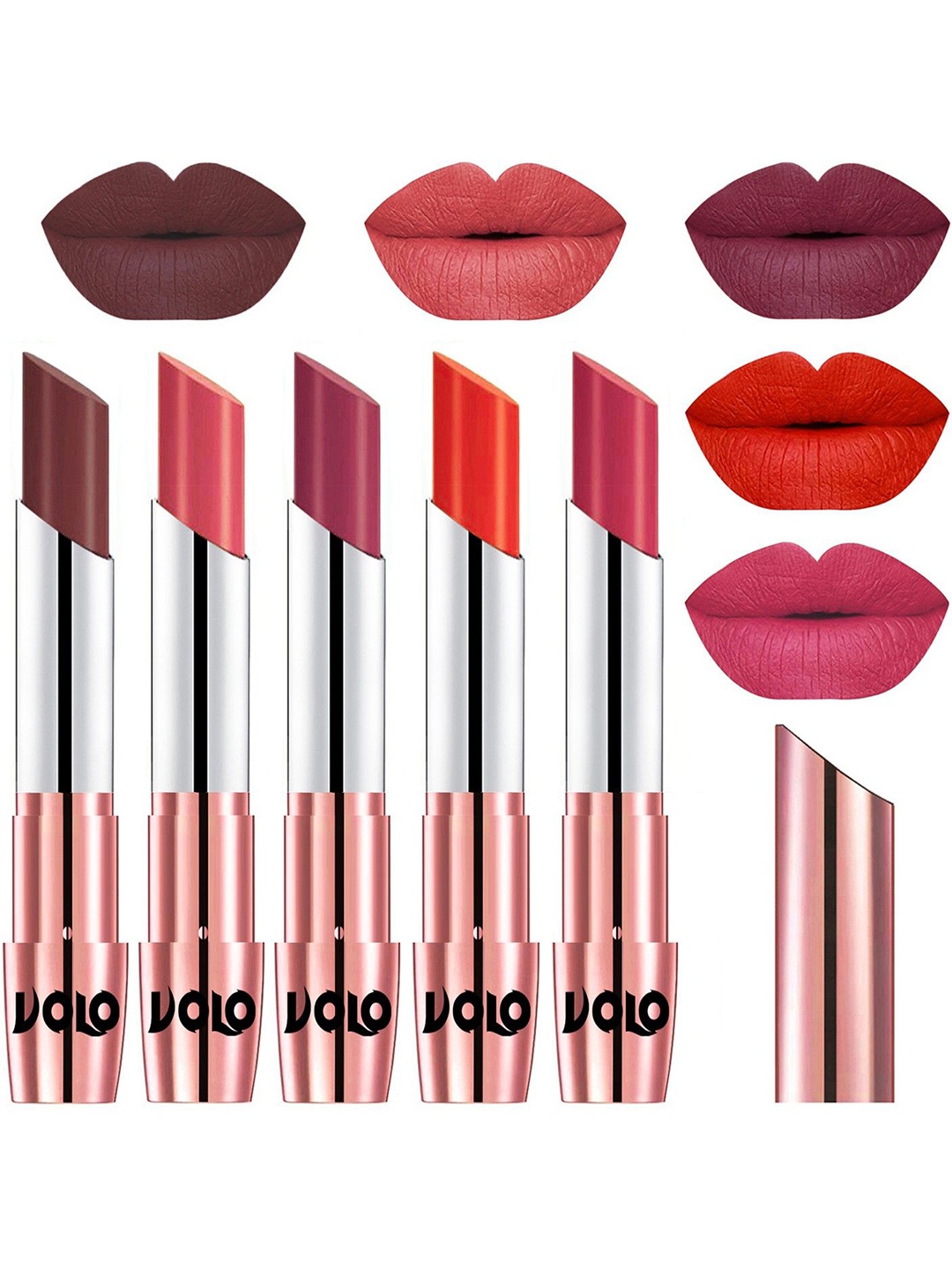 

VOLO Set Of 5 Creme Matte Lipstick-3.5g-Coffee- Dark Peach- Rose Pink- Coral- Pink, Multi