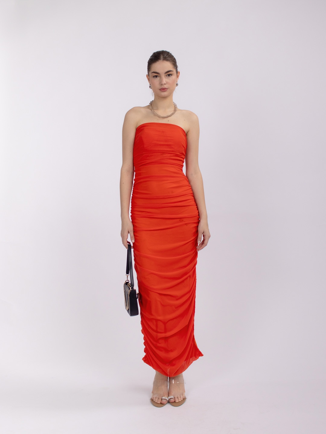 

Stylecast X Hersheinbox Net Ruched Slit Sheath Maxi Dress, Orange