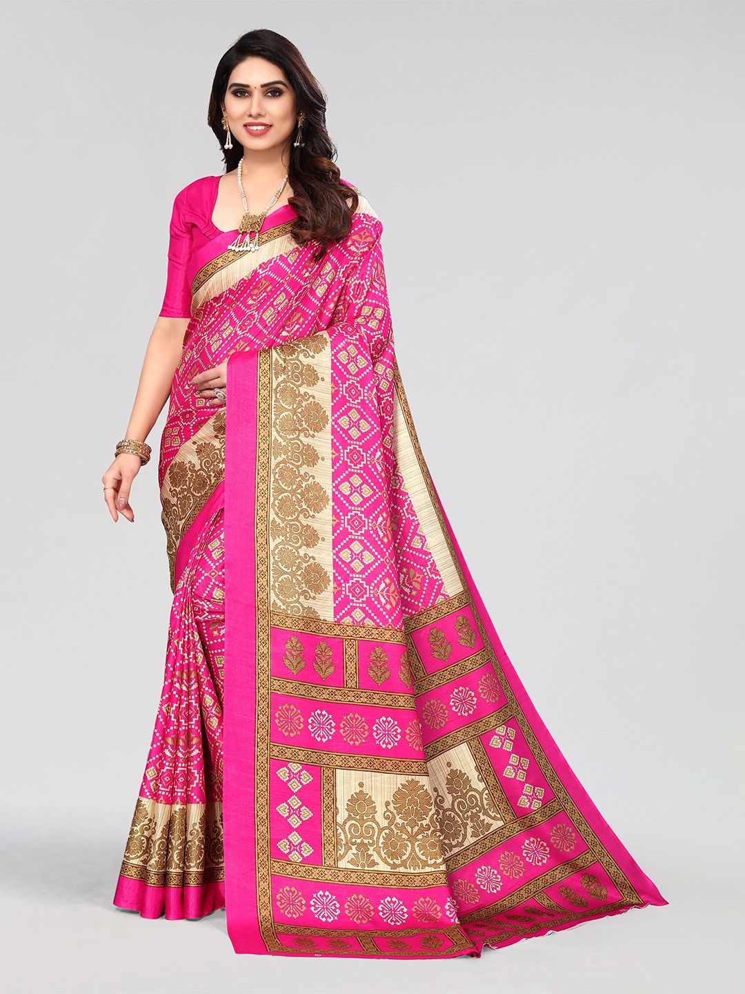 

VIRICA Ethnic Motifs Printed Phulkari Saree, Pink