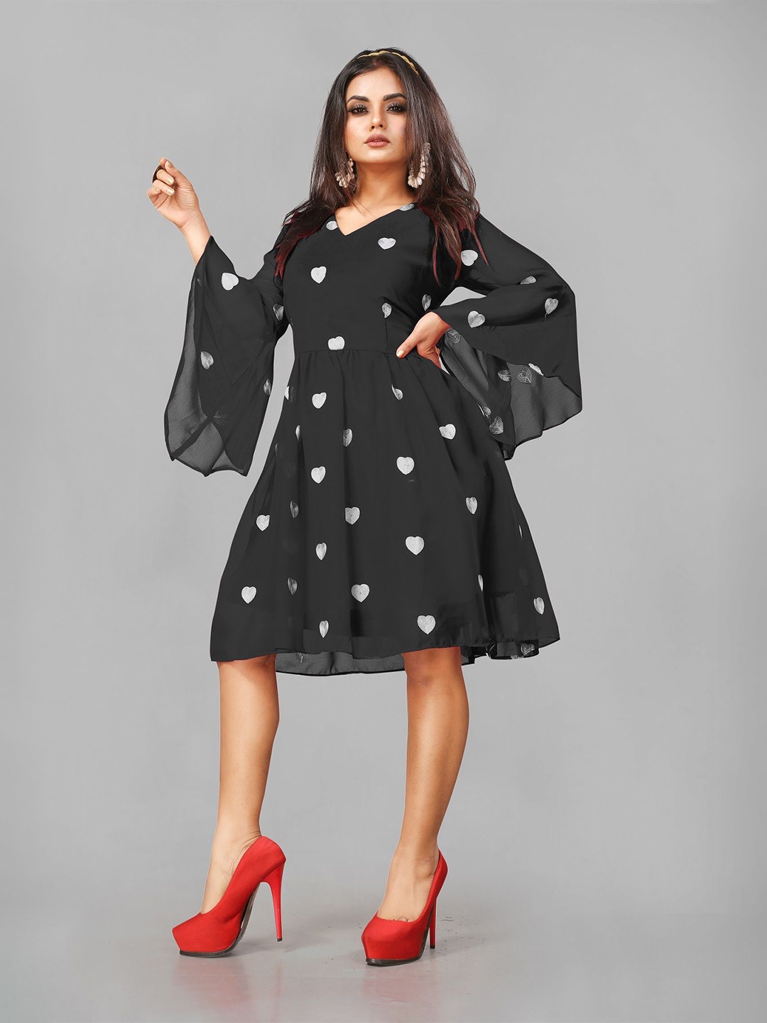 

JULEE Polka Dot Printed Bell Sleeves Fit & Flare Dress, Black