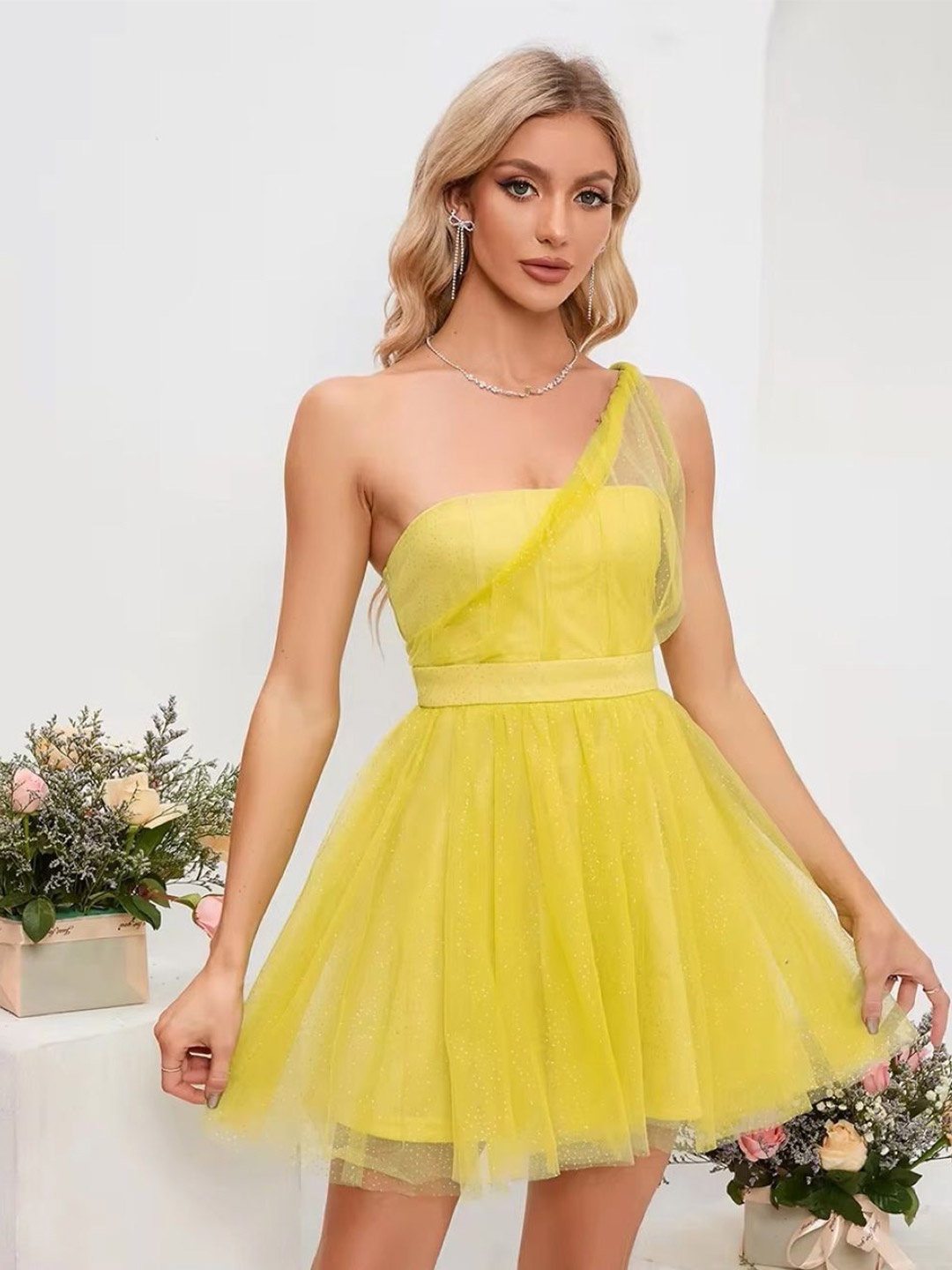 

KPOP one shoulder gathered or pleated fit and flare dress, Yellow