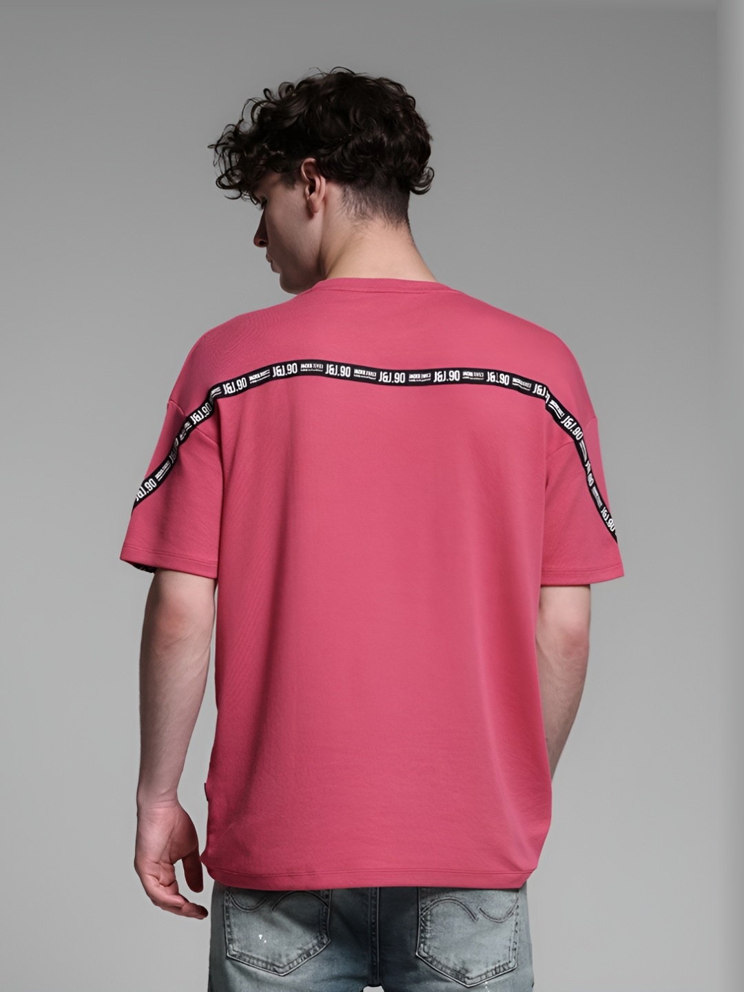 

Jack & Jones Men Typography Printed Round Neck Cotton Oversized T-shirt, Pink