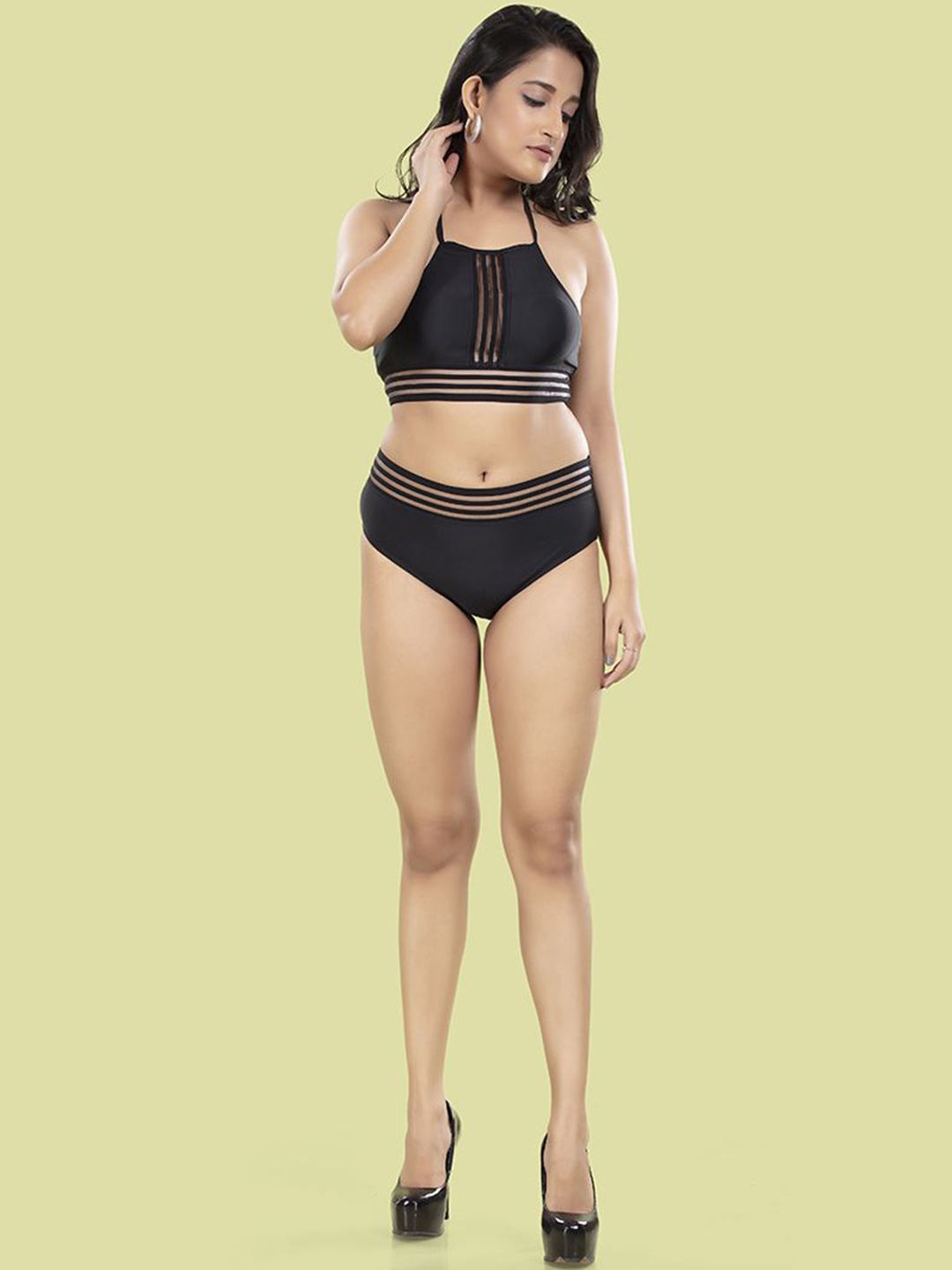 

BOLD & BAE Women Solid Halter Neck Swim Bikini Set, Black