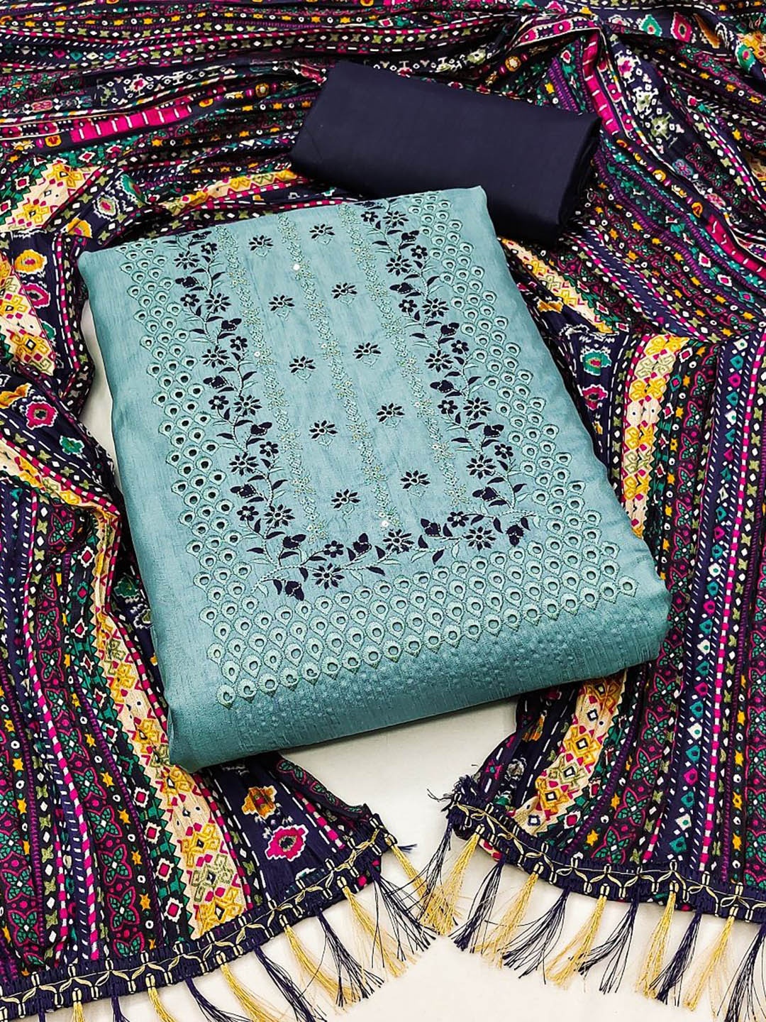 

JULEE Floral Embellished Sequinned Detail Pure Silk Unstitched Dress Material, Turquoise blue