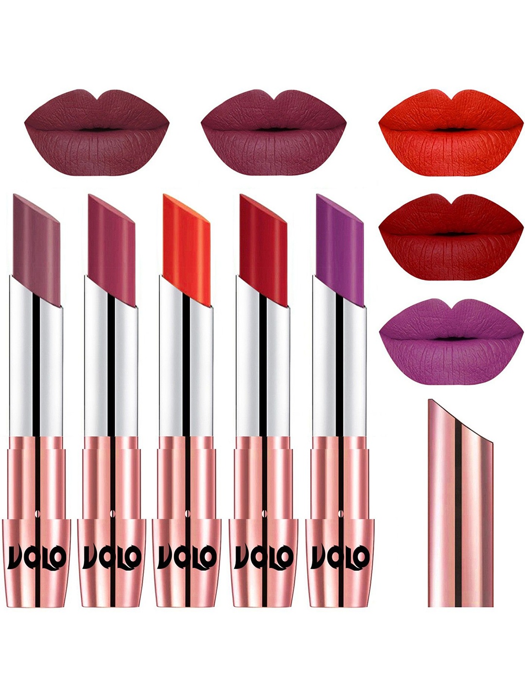 

VOLO Set Of 5 Creme Matte Lipstick-Plum 36-Rose Pink 38-Coral 39-Tomato Red 40-Purple 48