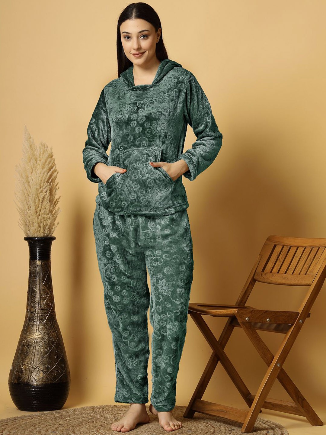 

FABINALIV Floral Embossed Hooded Winter Night Suit with 2 Front Pockets, Sea green