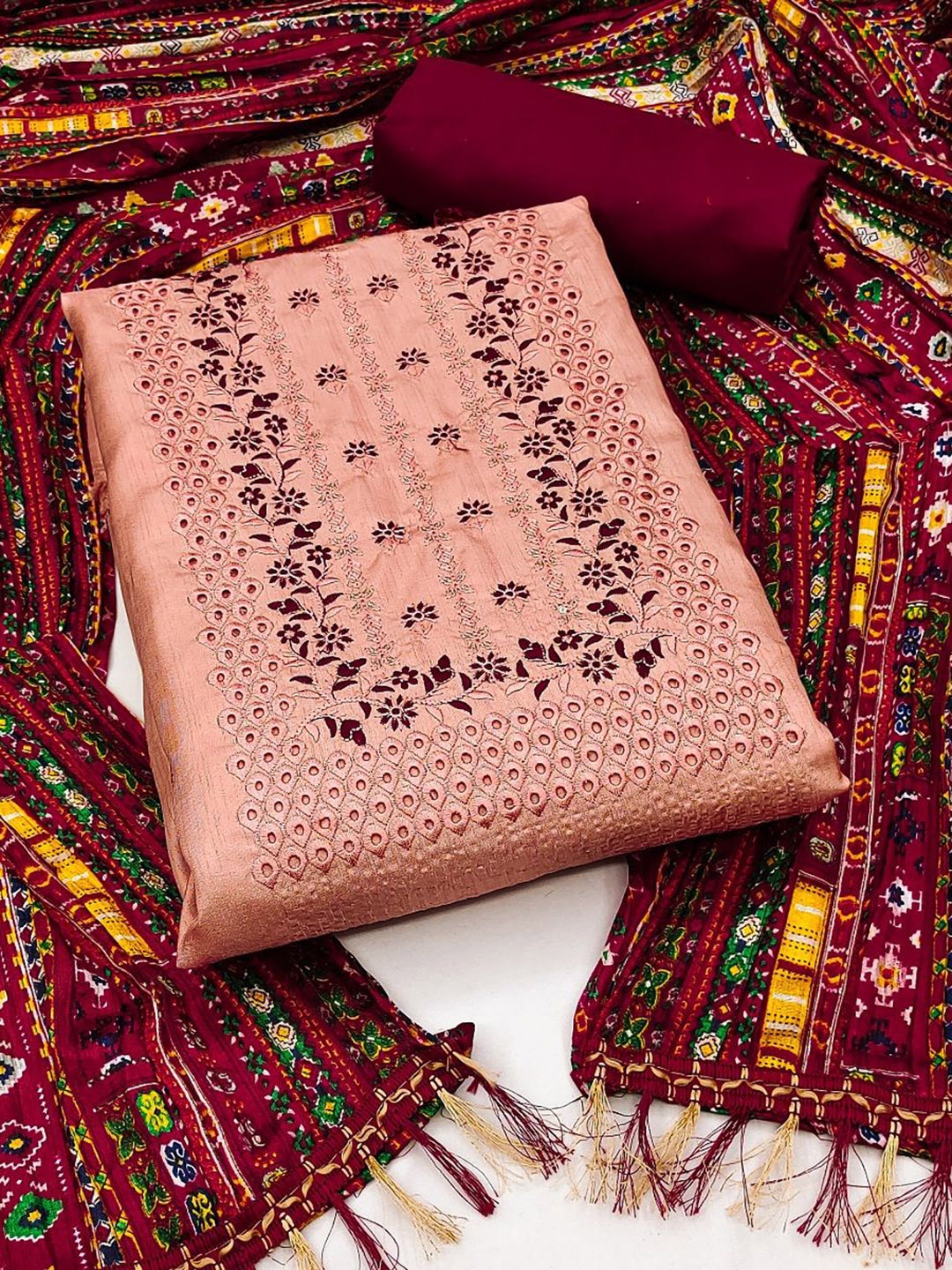 

Aika Ethnic Motifs Embroidered Sequinned Pure Silk Unstitched Dress Material, Orange