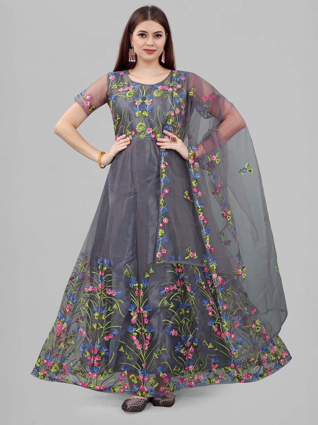 

JULEE Floral Embroidered Net Fit & Flare Maxi Dress, Grey