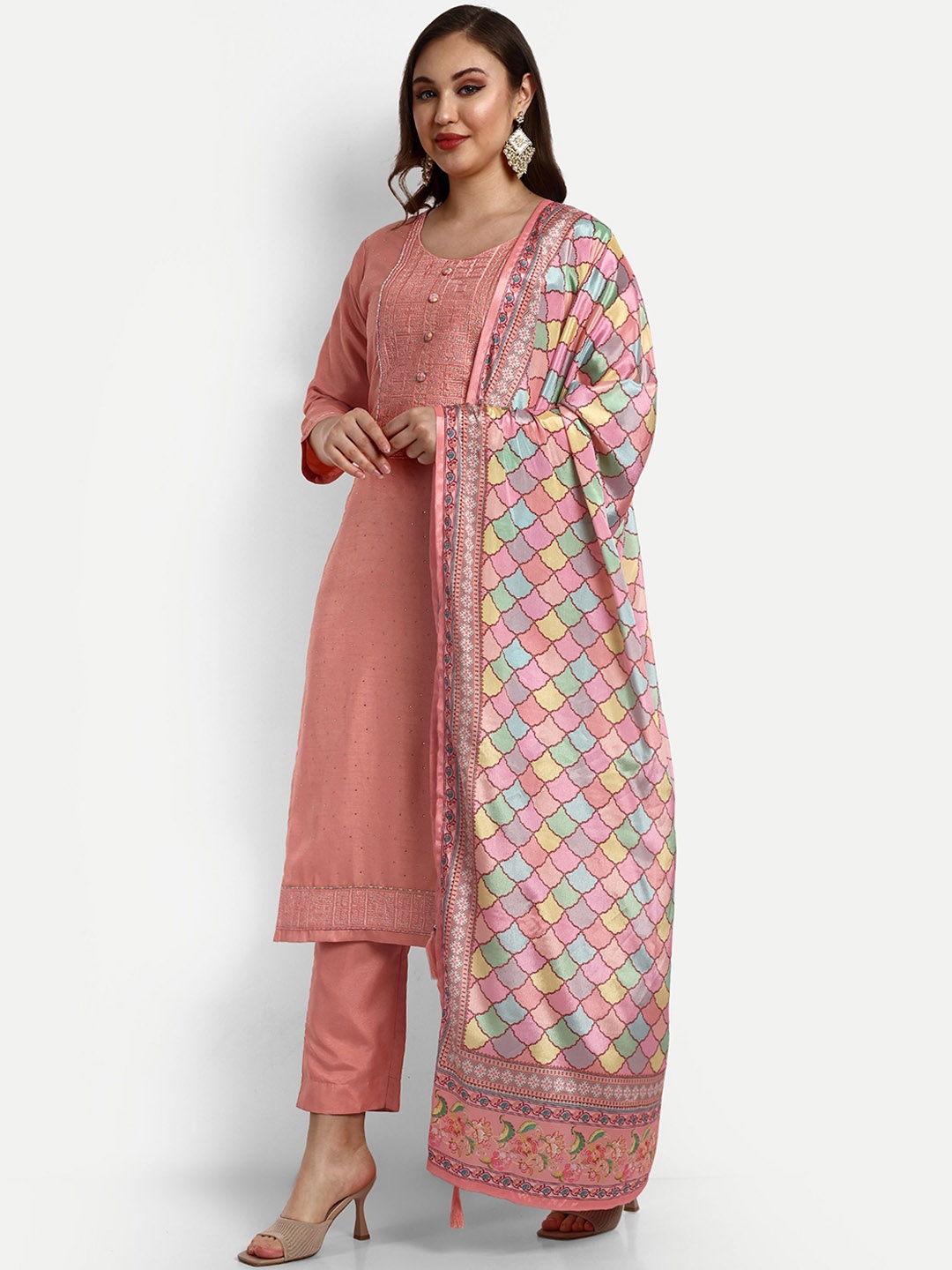 

V B SONS Ethnic Motifs Embroidered Beads and Stones Straight Kurta & Trousers With Dupatta, Peach