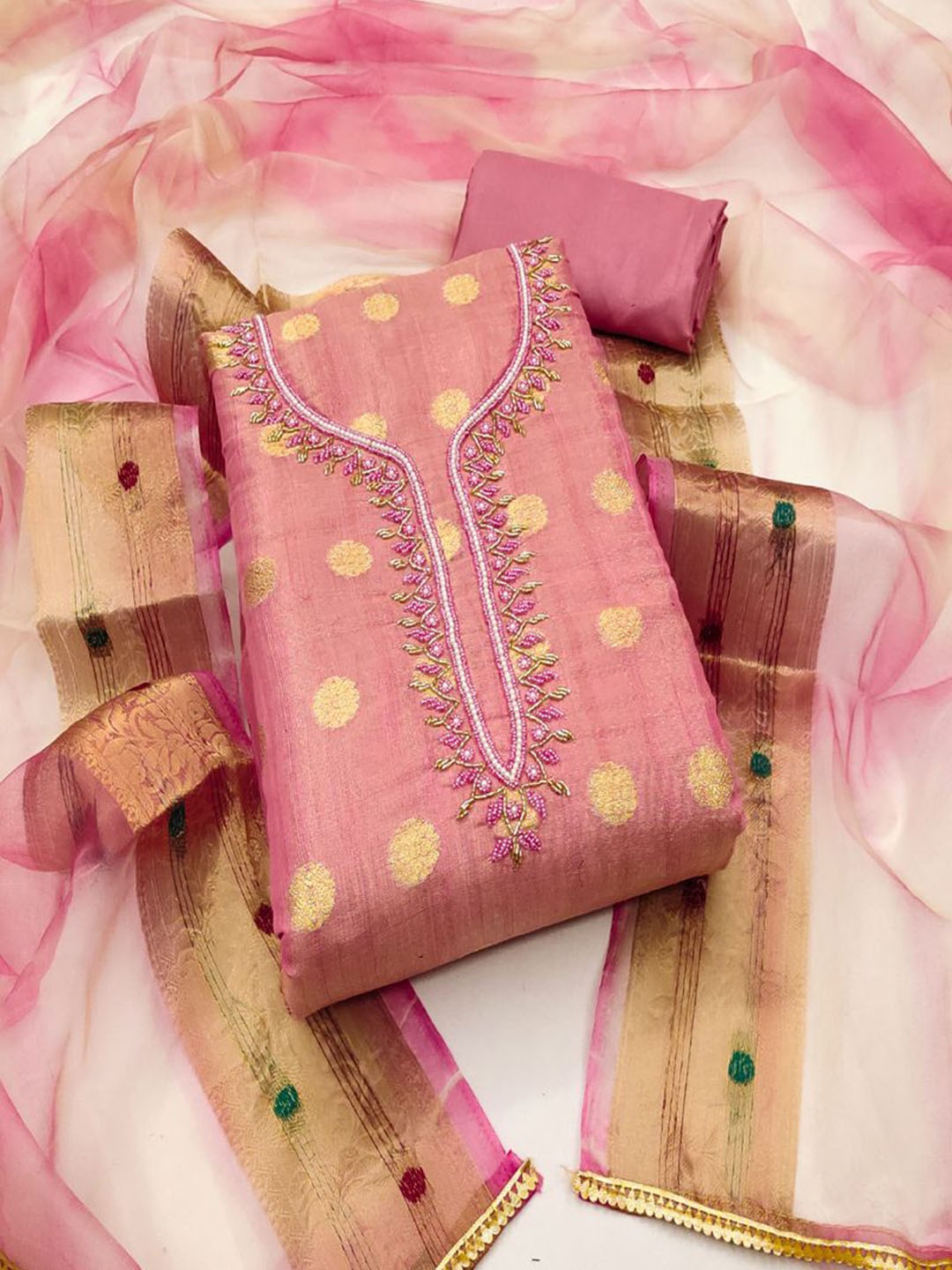 

ASISA Embroidered Art Silk Unstitched Dress Material, Pink