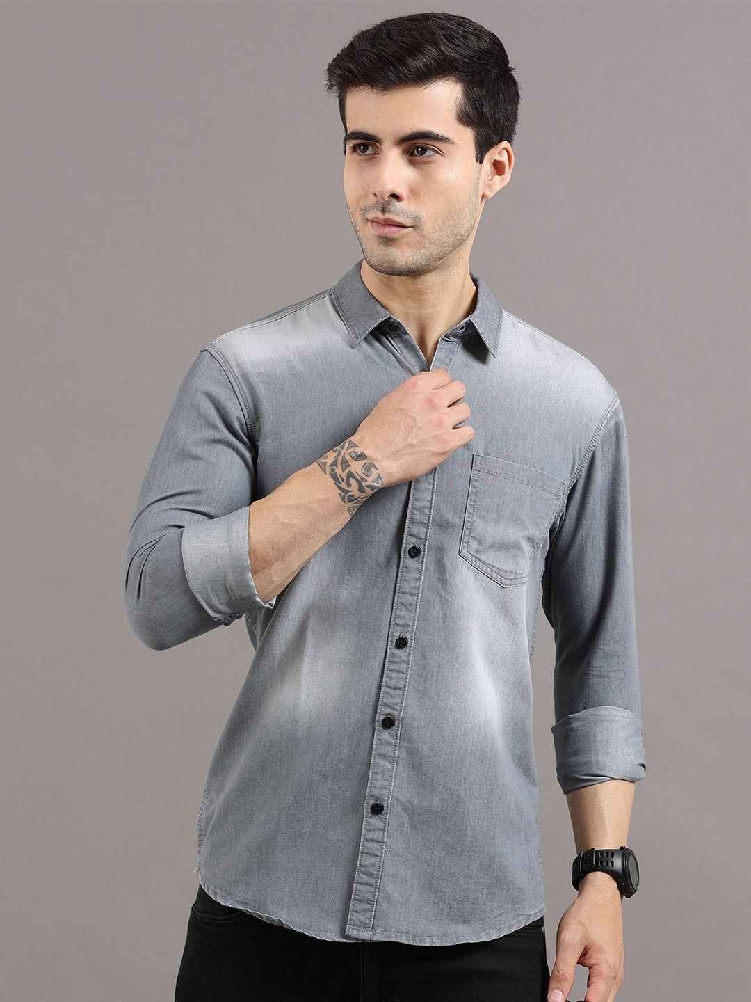

REGROWTH Men Standard Spread Collar Solid Polycotton Casual Shirt, Grey