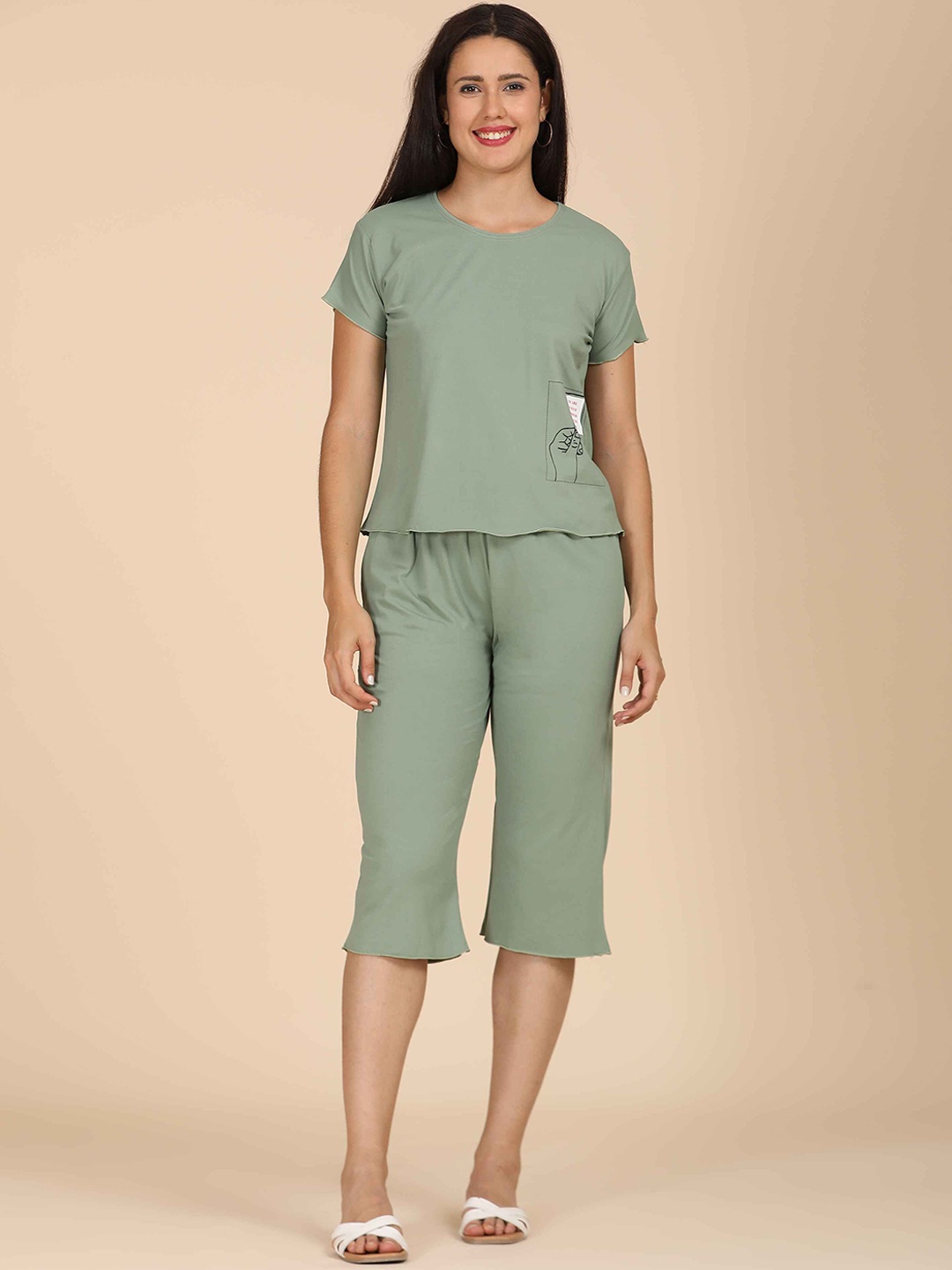 

GOLDSTROMS Women Short Sleeves Top With Capris Co-Ords, Olive
