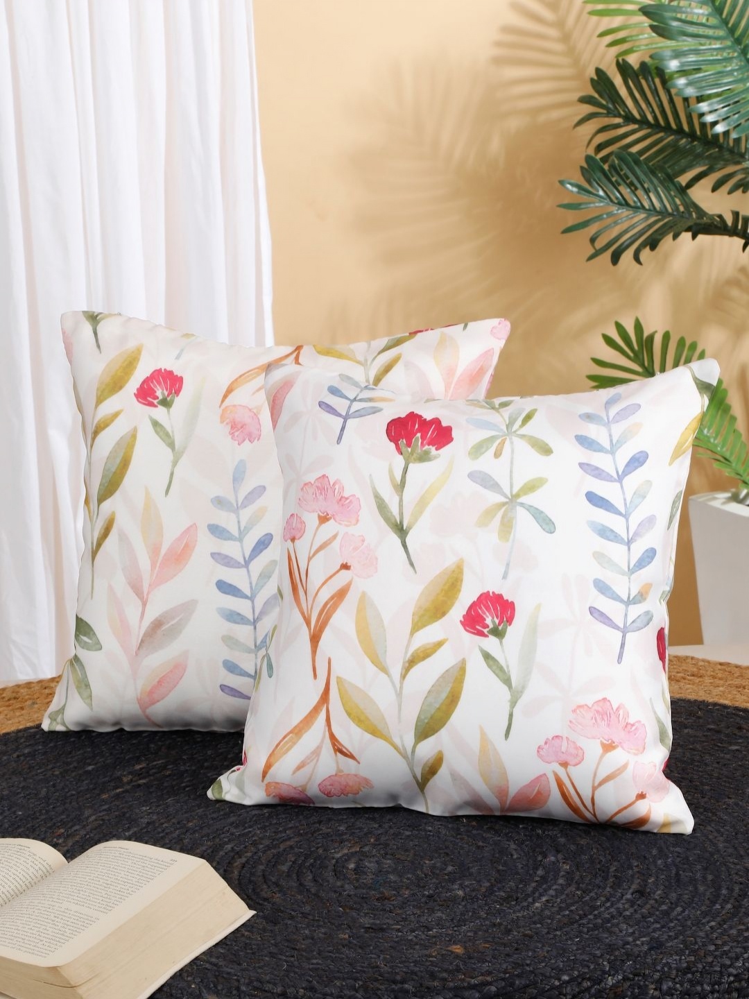 

ROSARA HOME White & Blue 2 Pieces Floral Printed Square Cushion Covers