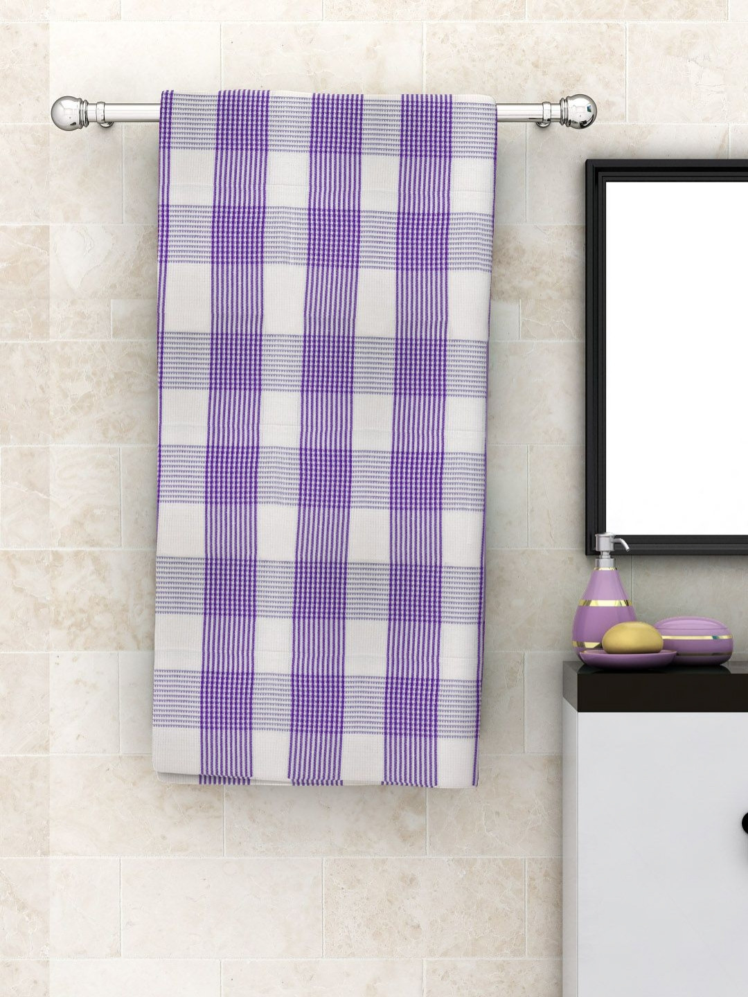 

Aura White & Purple Checked Pure Cotton 210 GSM Bath Towel