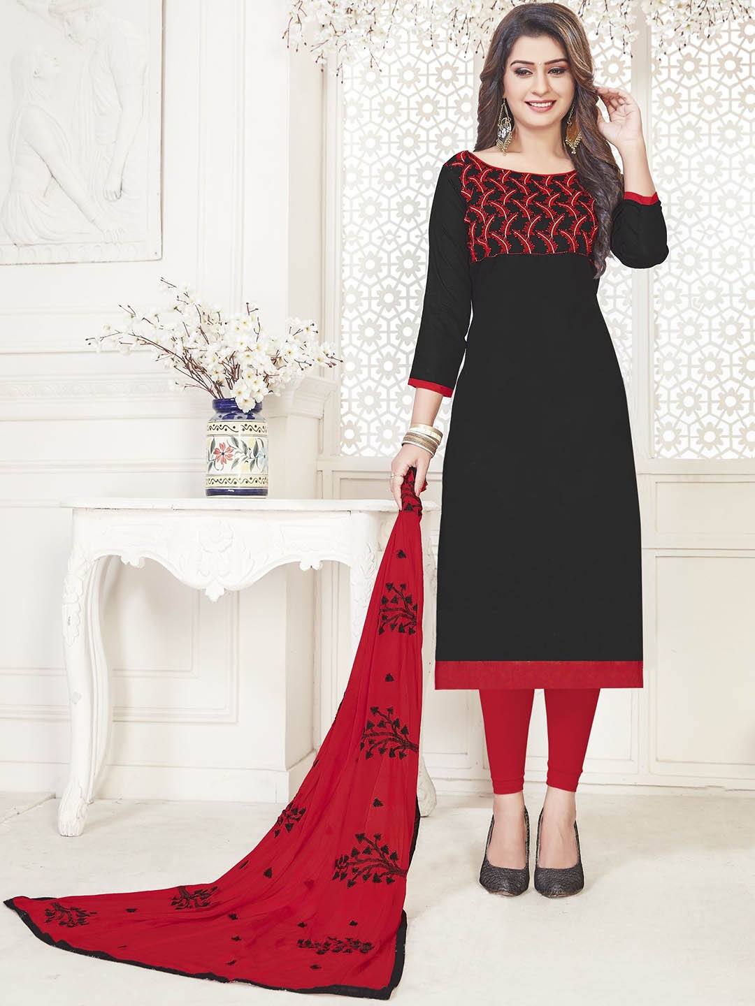 

JULEE Embroidered Silk Chiffon Unstitched Dress Material, Black