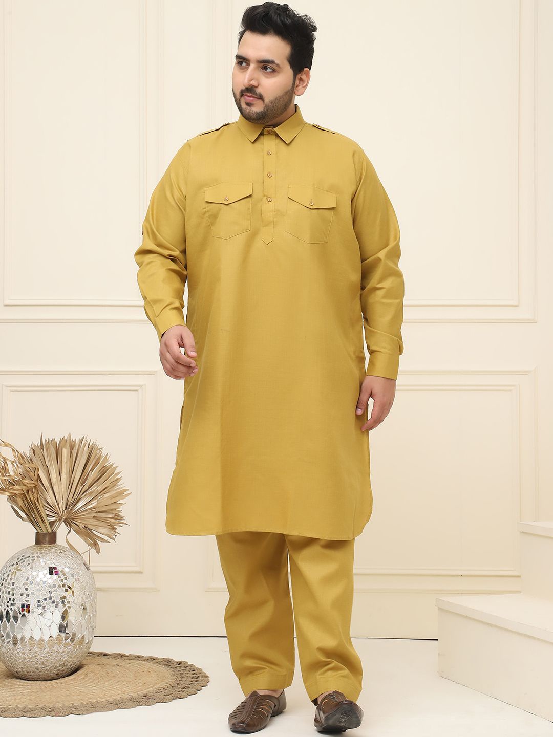 

SOJANYA PLUS Shirt Collar Pocket Detailing Curved Pathani Kurta With Salwar, Mustard
