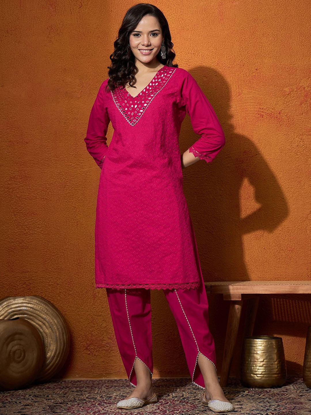 

Anouk Pink Floral Embroidered V-Neck Mirror Work Pure Cotton Straight Kurta & Dhoti Pant