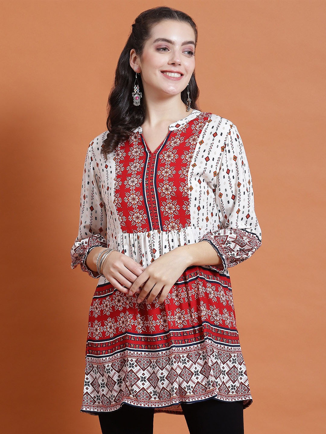 

Shree Liva Mandarin Collar Printed Tunic, Red