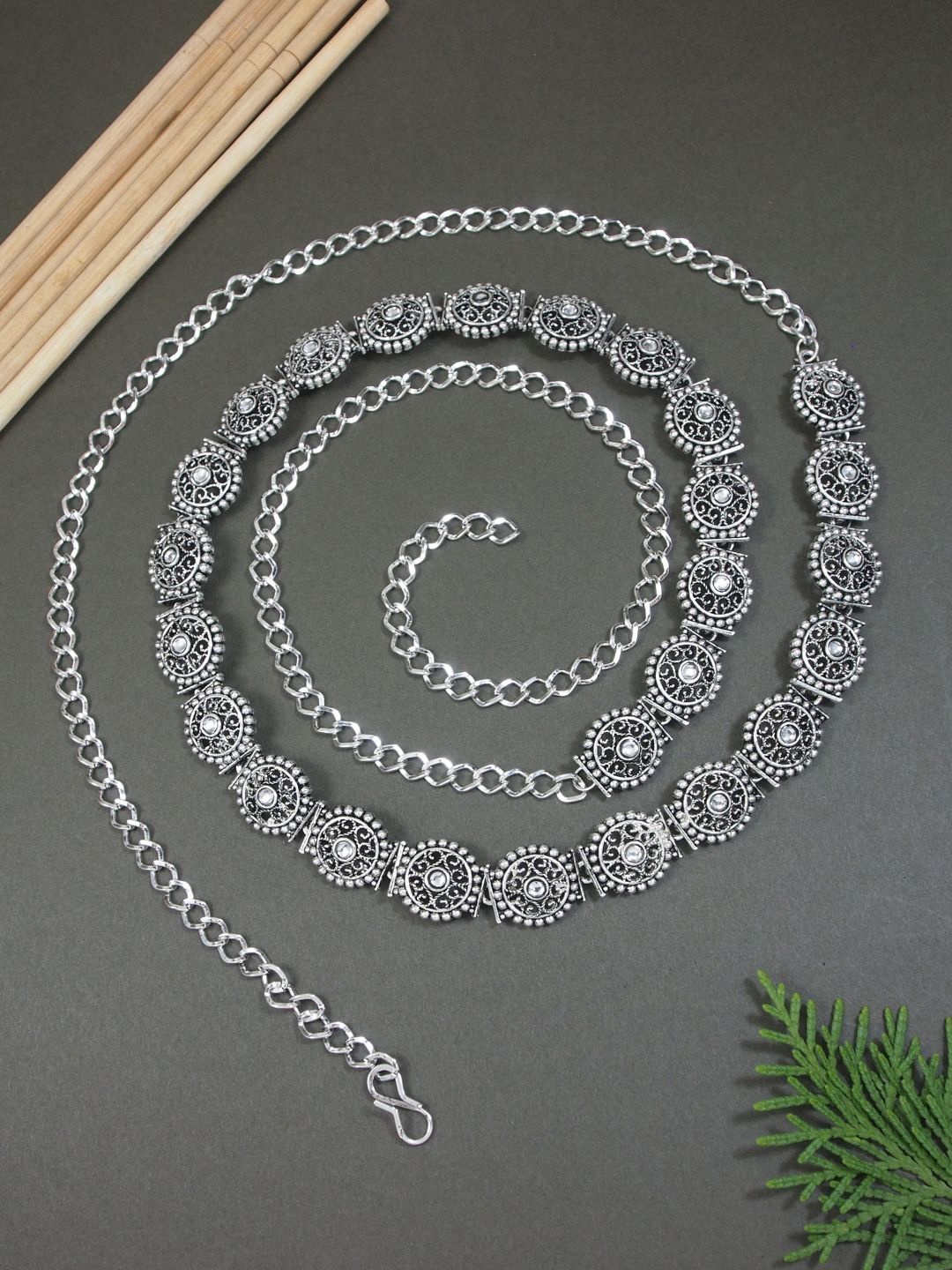 

I Jewels Floral Oxidised Adjustable Waist Chain, Silver