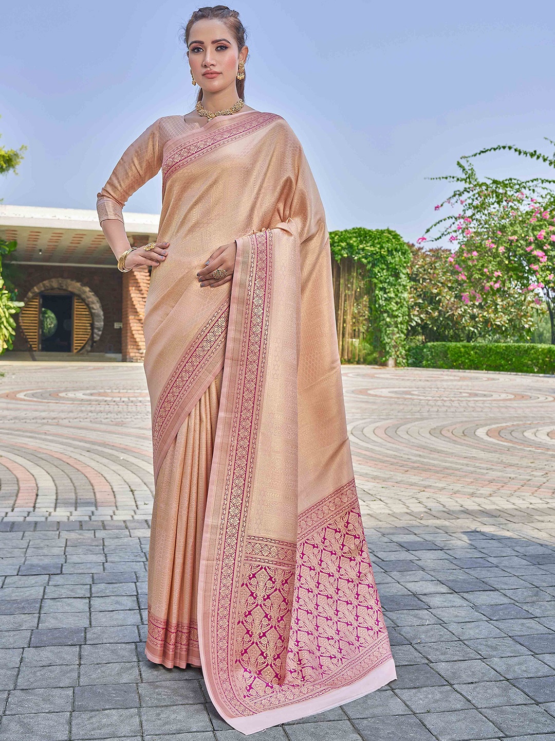 

Krimmple Woven Design Zari Silk Blend Banarasi Saree, Beige