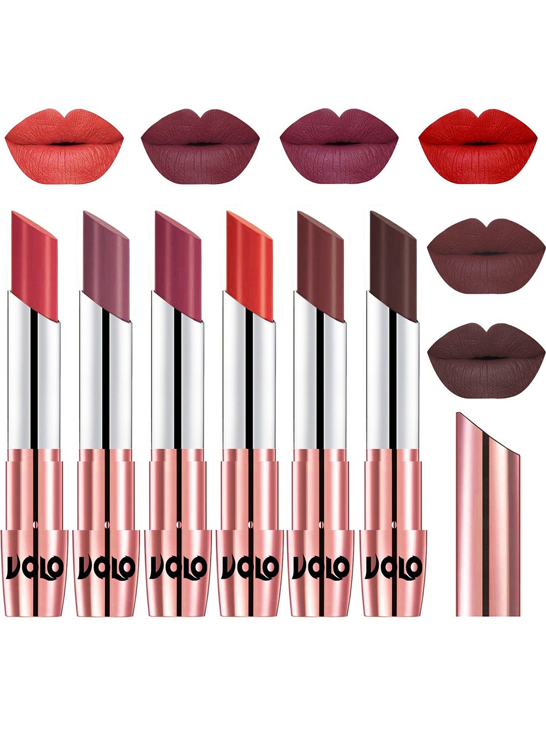

VOLO Set Of 6 Creme Matte Lipstick -Peach 02-Plum 06-Cherry 08-Orange -Coffee- Chocolate, Multi