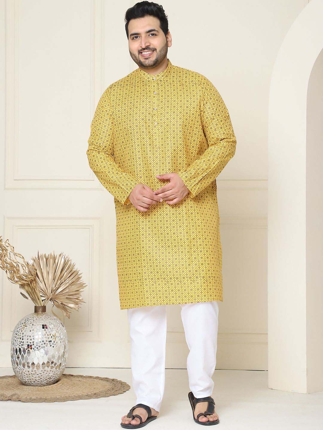 

SOJANYA PLUS Floral Embroidered Thread Work Cotton Linen Straight Kurta with Pyjamas, Mustard