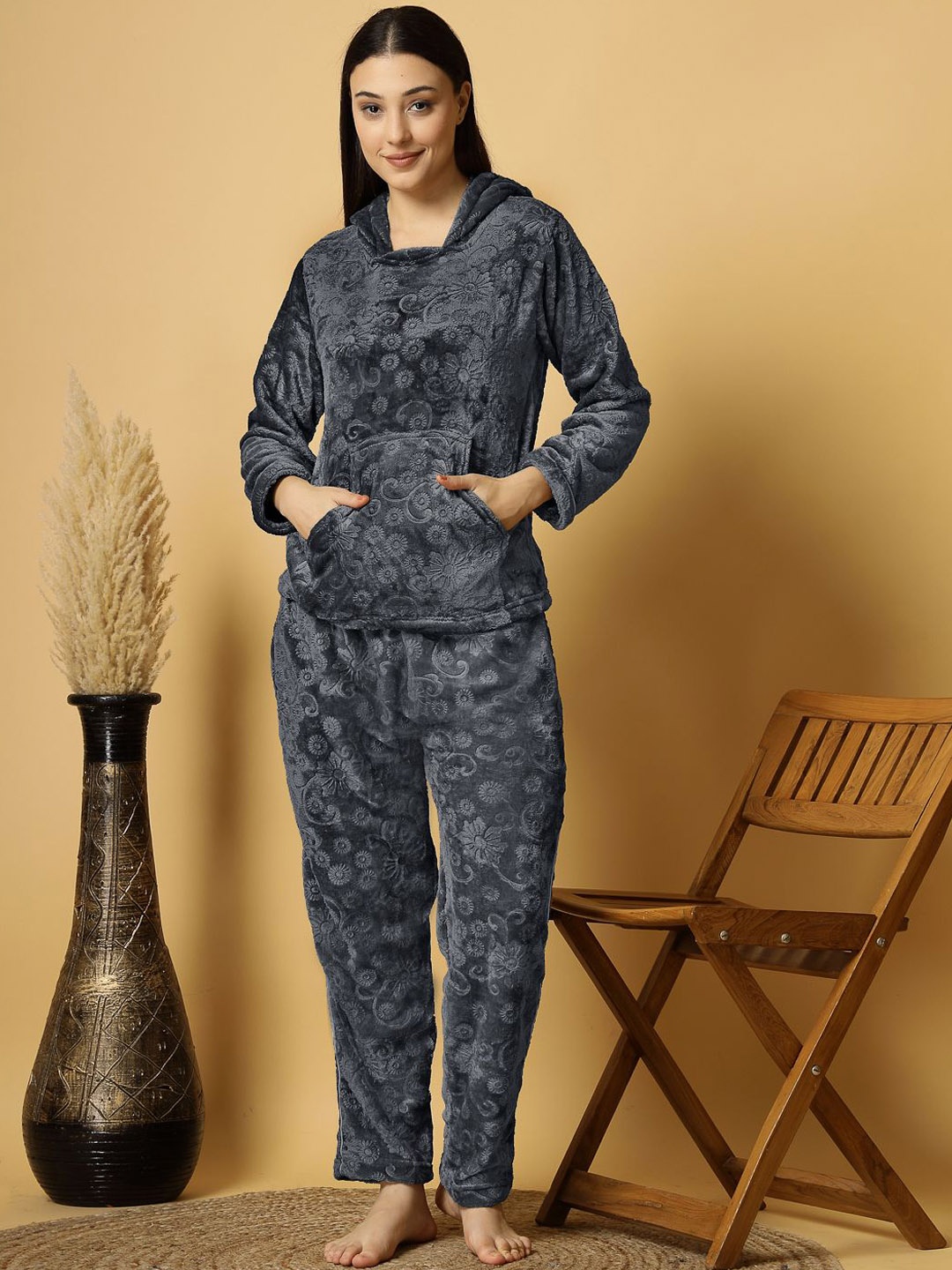 

FABINALIV Floral Embossed Hooded Winter Night Suit with 2 Front Pockets, Grey