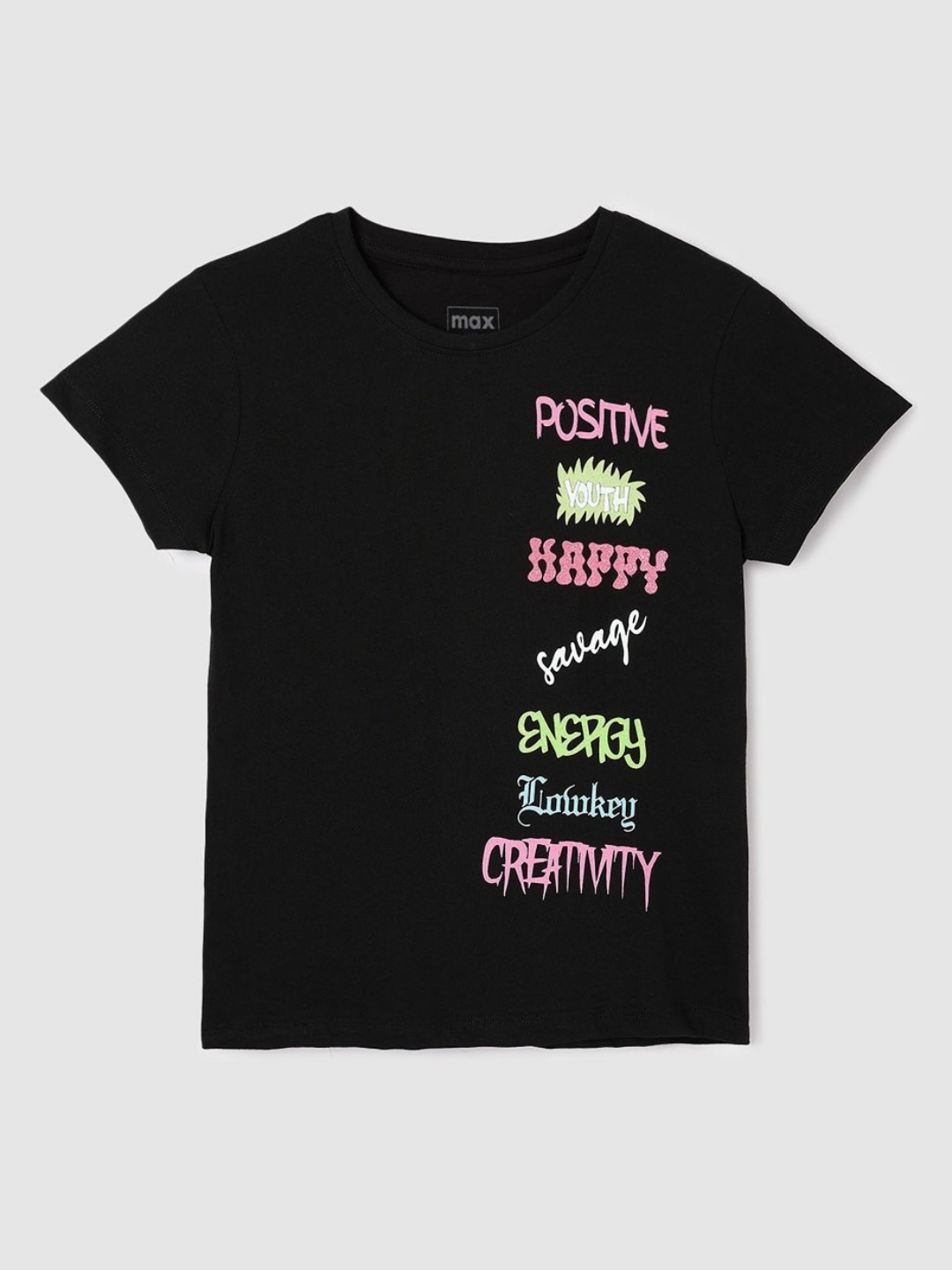 

max Girls Typography Printed Round Neck Cotton T-shirt, Black