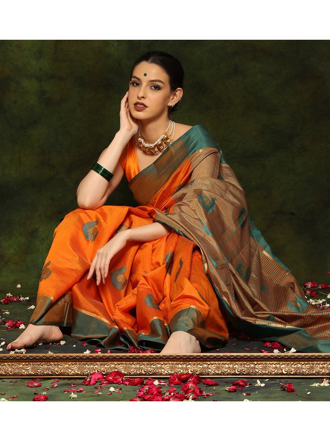 

Exotic India Paisley Art Silk Saree, Orange