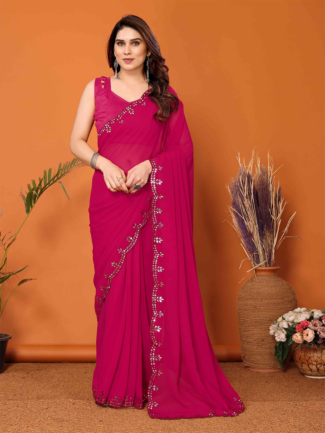 

VISHNU CREATIONS Solid Mirror Work Saree, Pink
