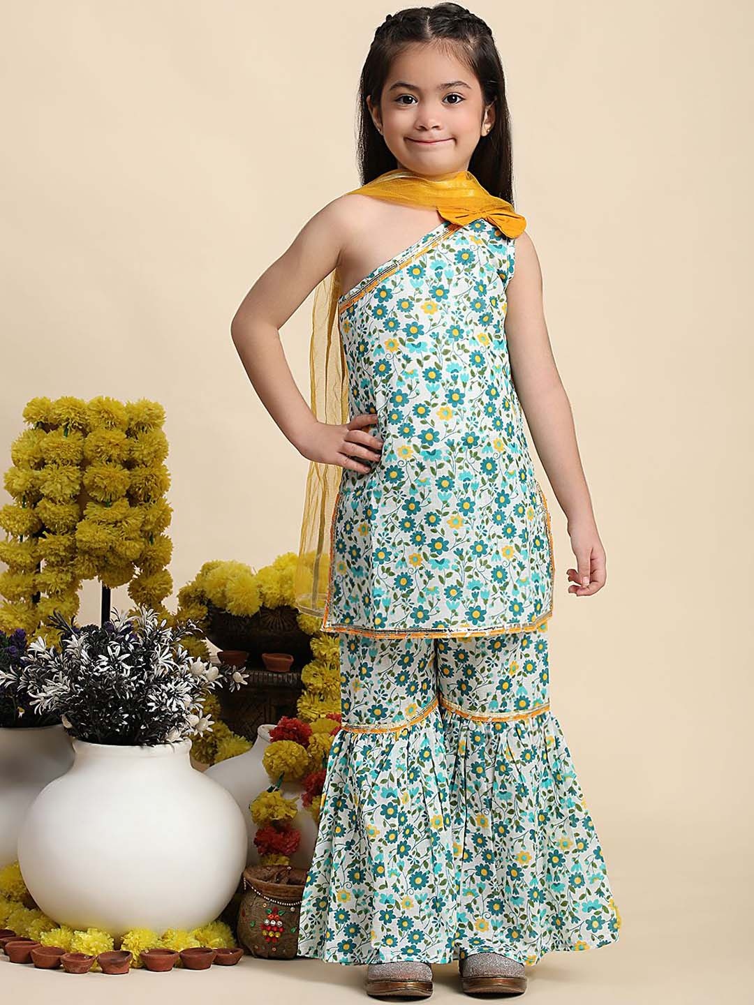 

Cutiekins Girls Floral Printed One Shoulder Straight Kurta With Sharara & Dupatta, Off white