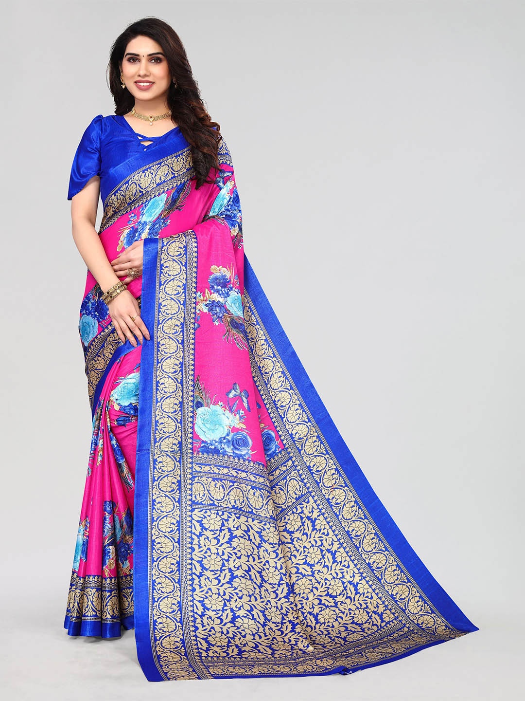 

VIRICA Floral Printed Phulkari Saree, Pink